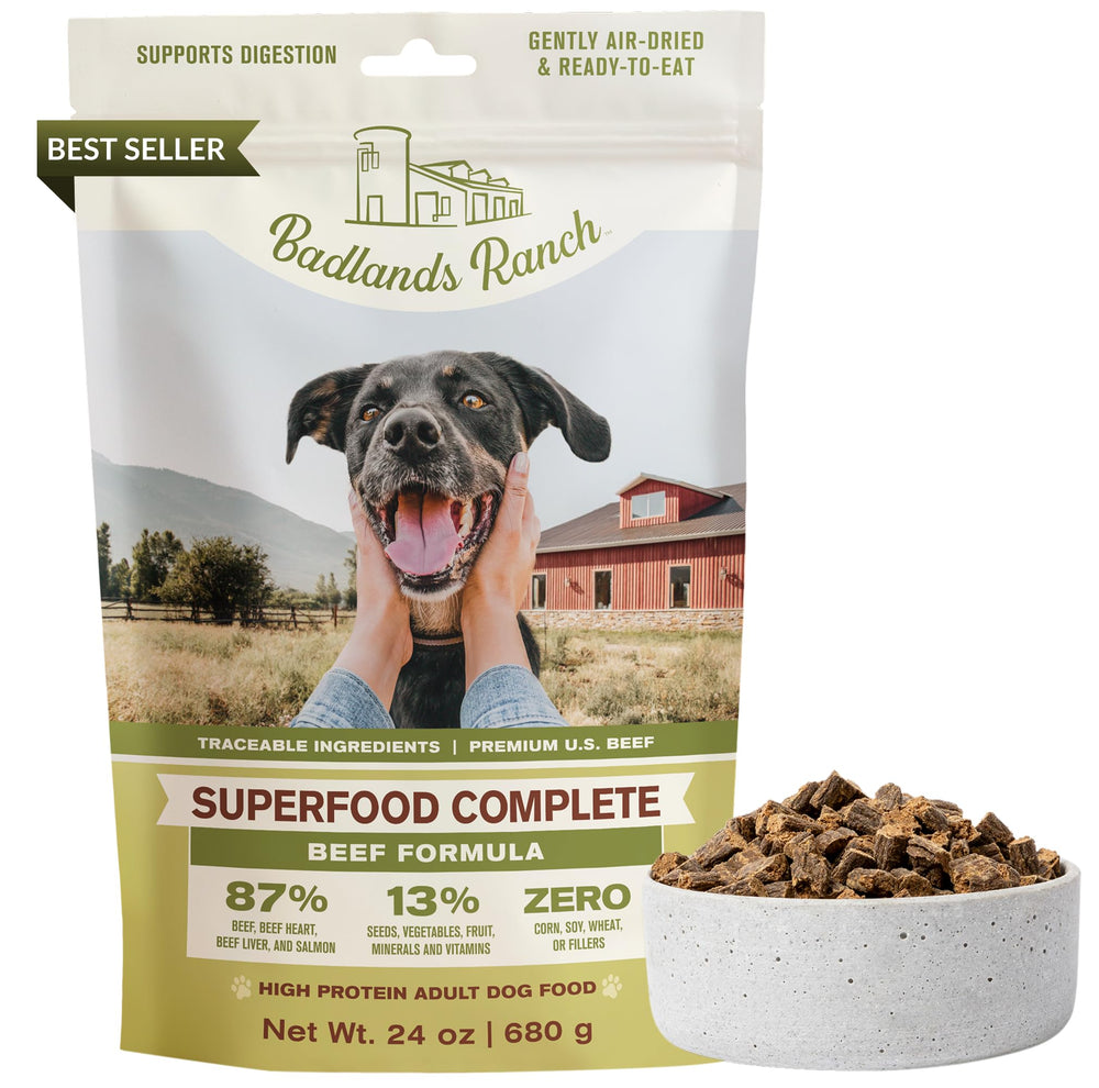 BADLANDS RANCH Superfood Complete beef formula bag front high-protein, air-dried nutrition.