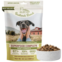 BADLANDS RANCH Superfood Complete beef formula bag front high-protein, air-dried nutrition.