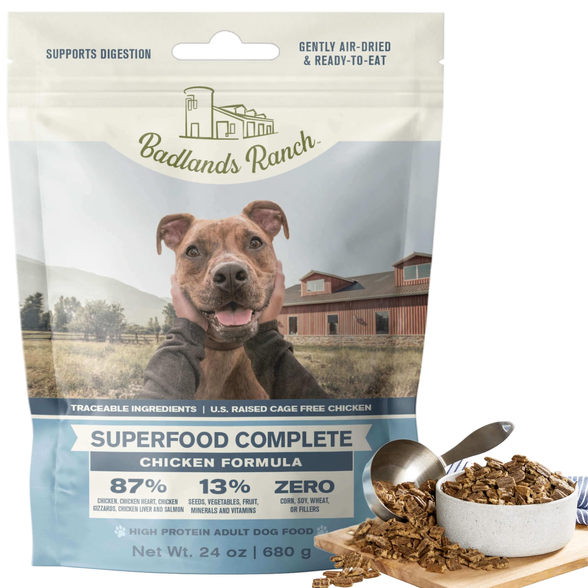 BADLANDS RANCH Superfood Complete dog food bag highlights balanced nutrition and vitality.