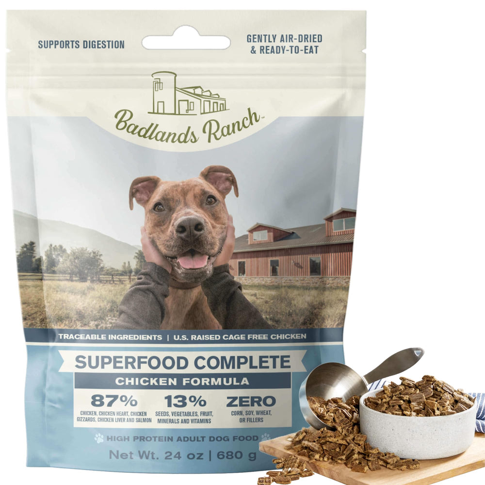 BADLANDS RANCH Superfood Complete dog food bag highlights balanced nutrition and vitality.