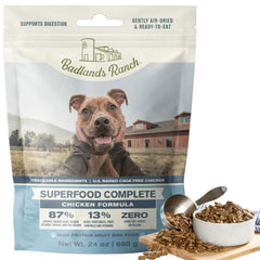 BADLANDS RANCH Superfood Complete dog food bag highlights balanced nutrition and vitality.