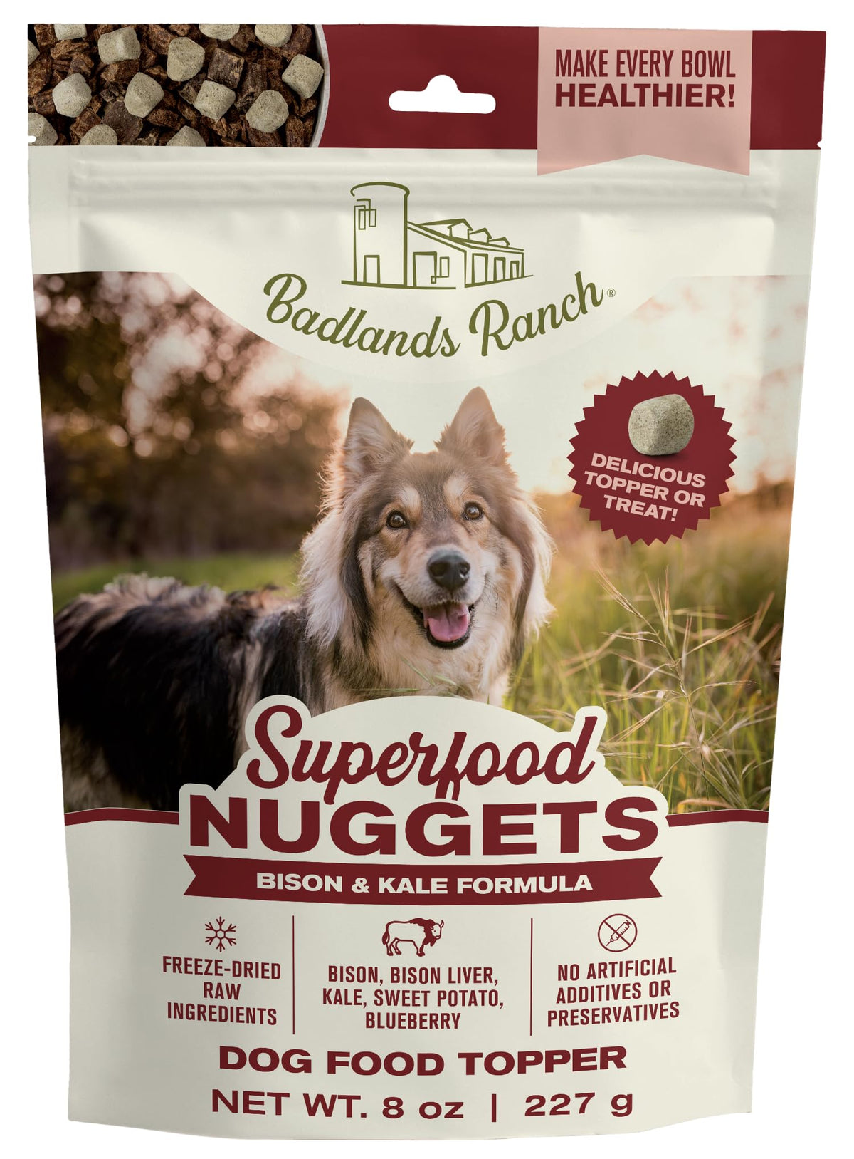 Badlands Ranch Superfood Nuggets bag with Bison & Kale formula for daily meals