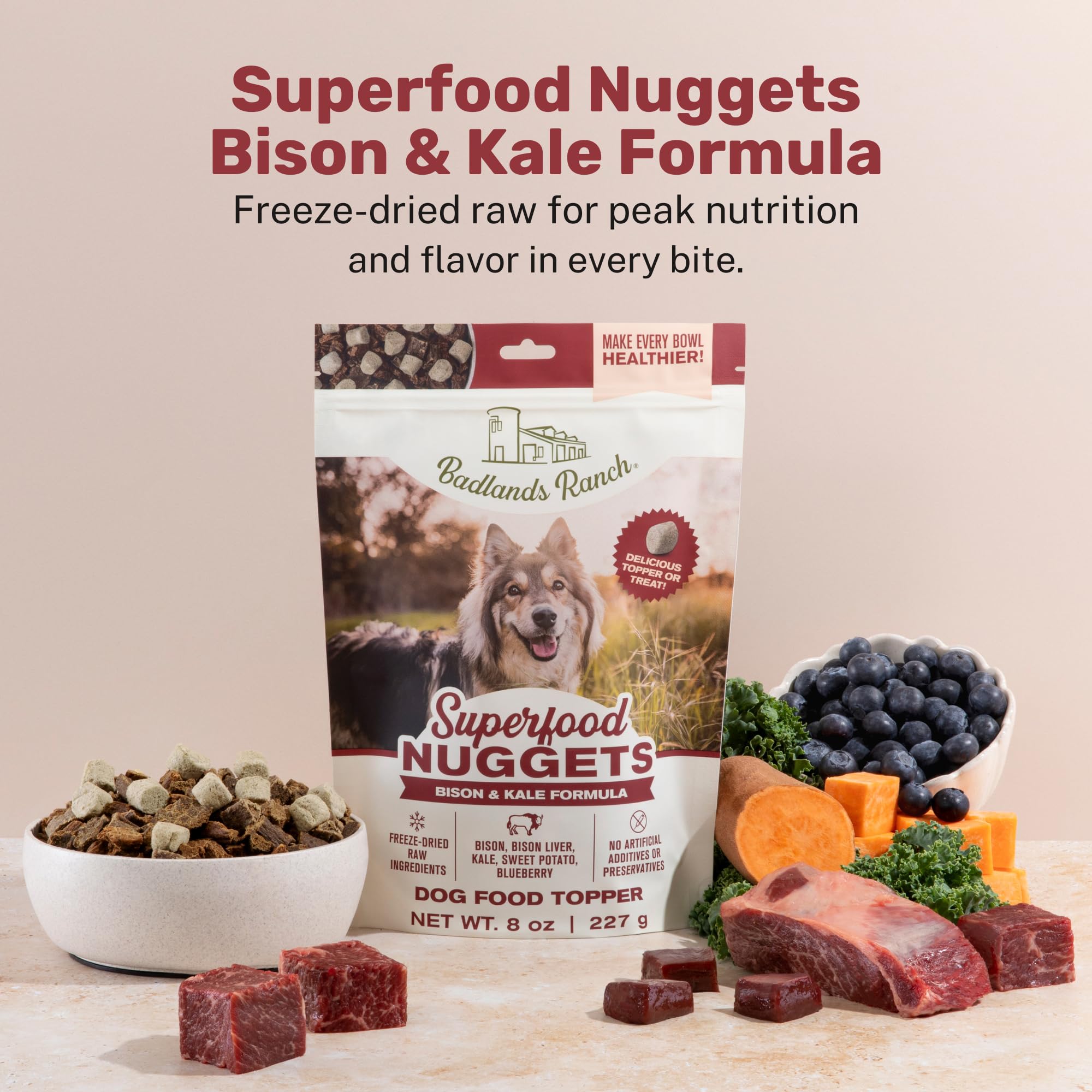 BADLANDS RANCH Nuggets served over kibble for an easy meal topper