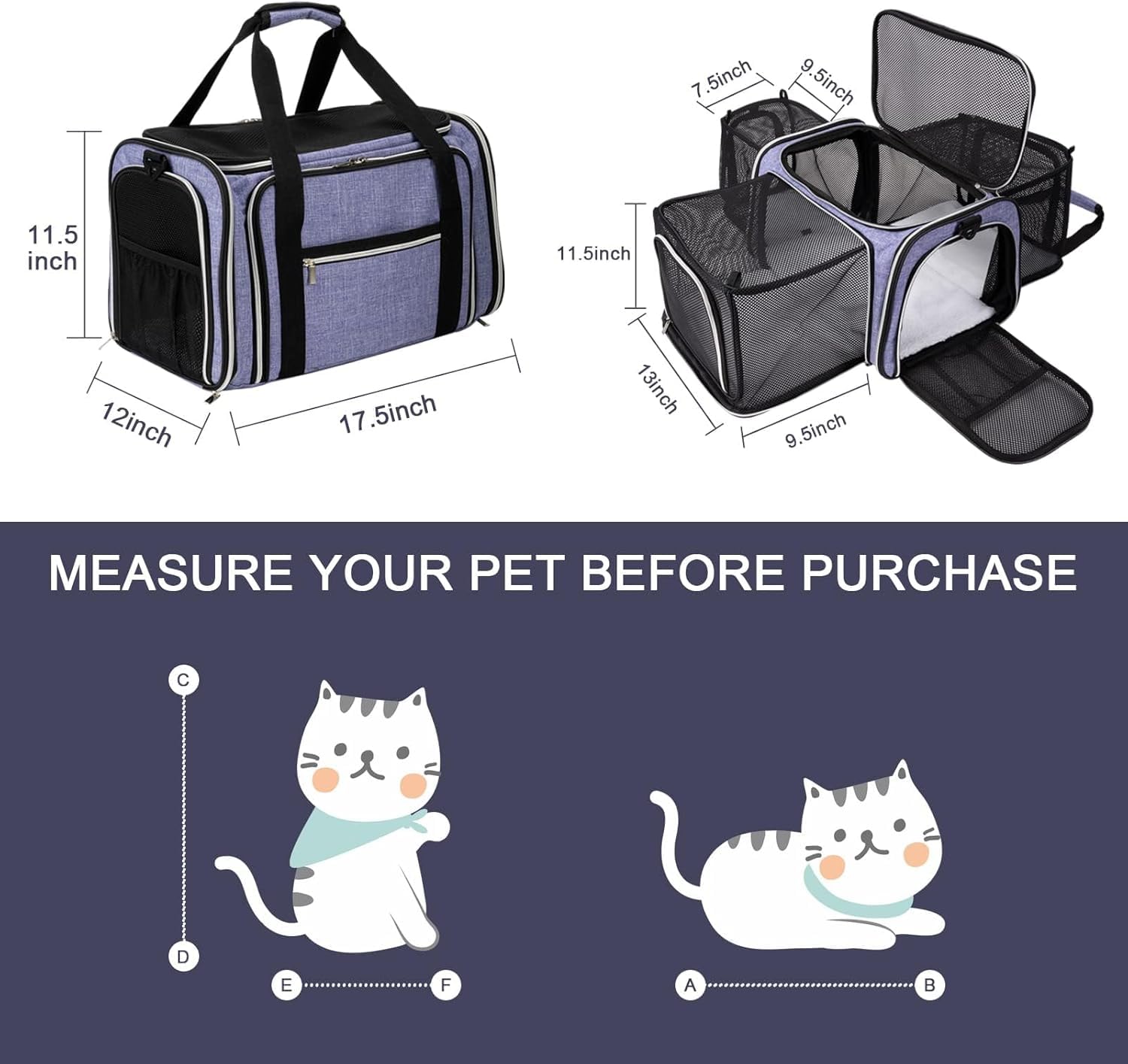 BAGLHER cat carrier expandable-3-sides shows extra space for a relaxed pet during travel.