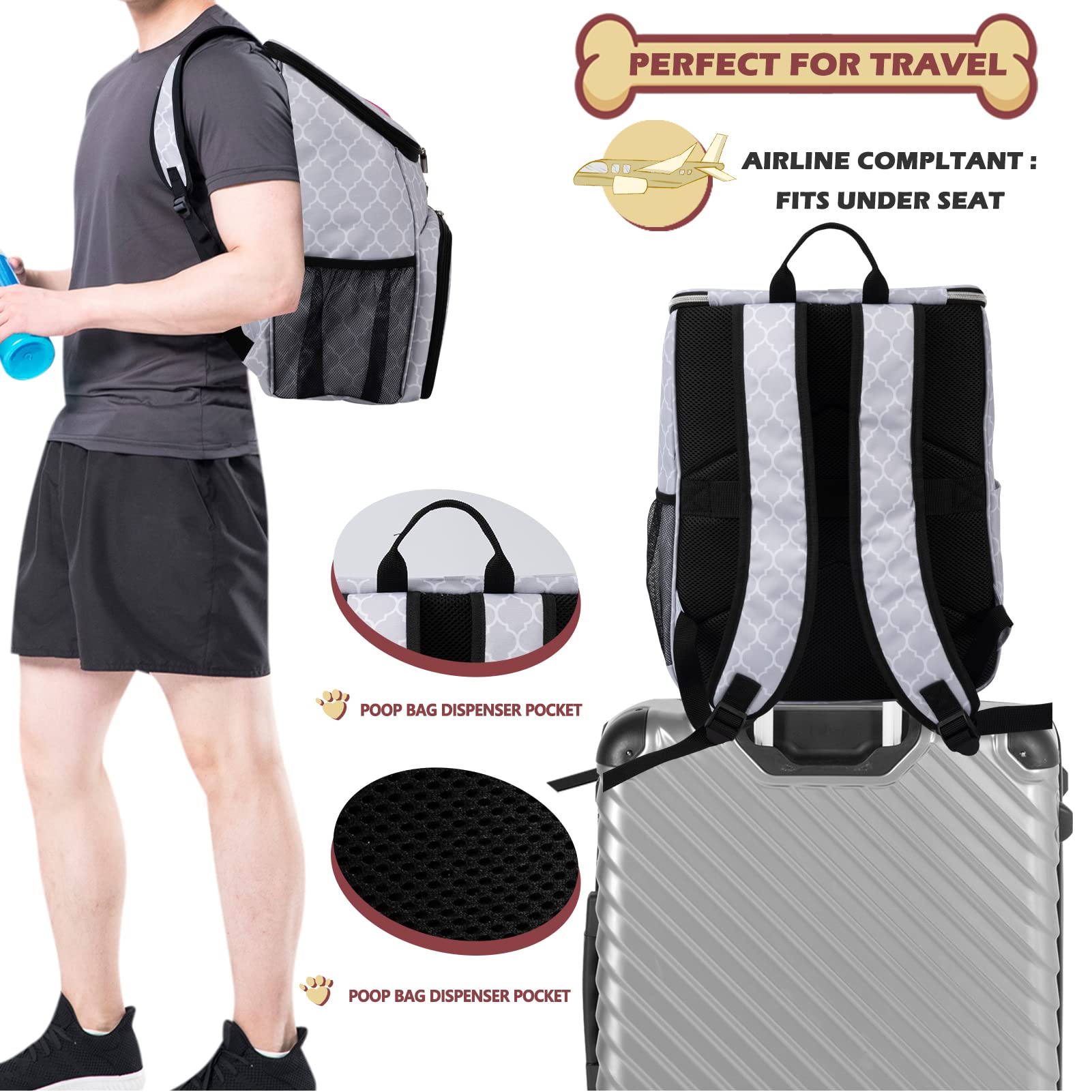 BAGLHER side mesh pocket fits kettle and towels for quick access.