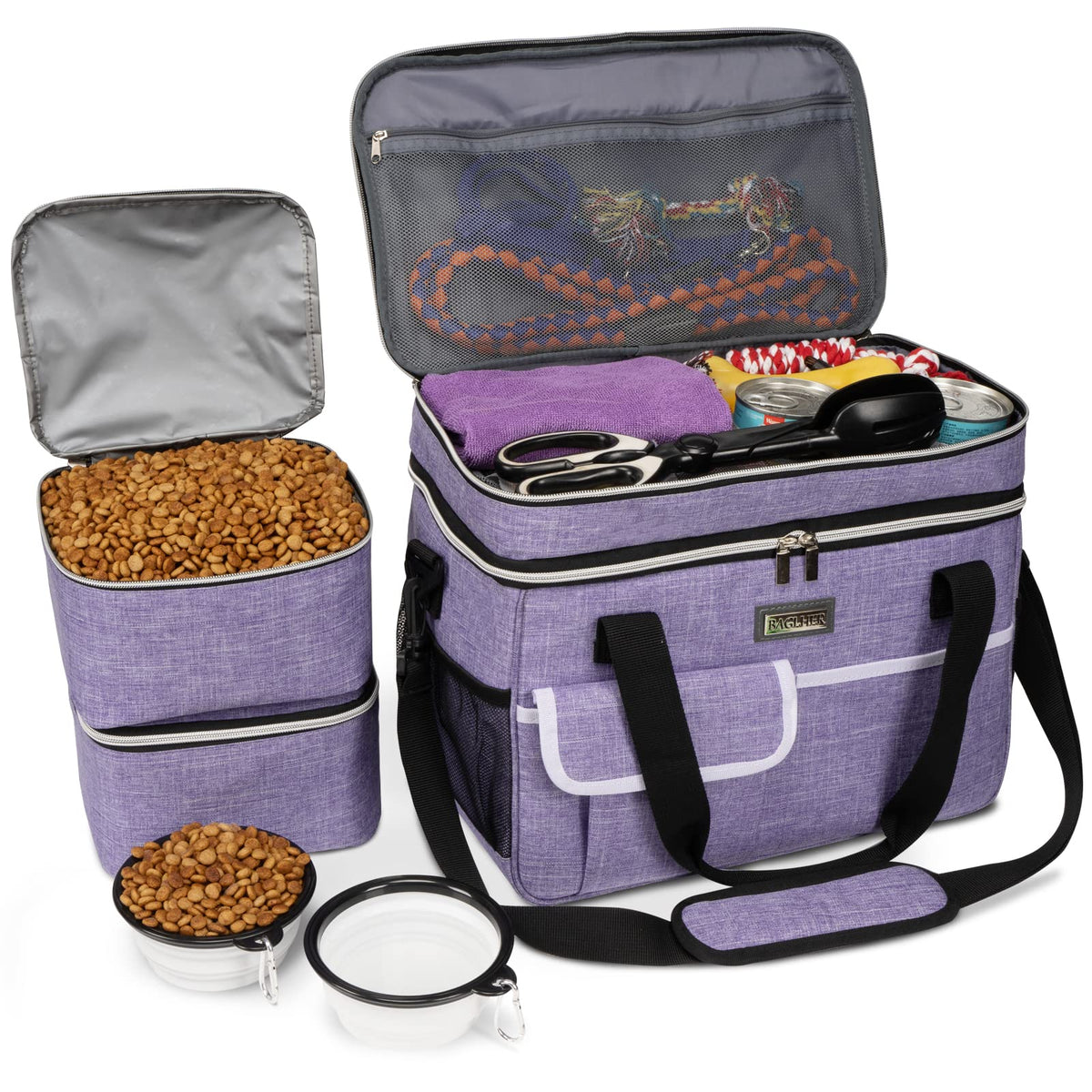 BAGLHER dog travel bag full view in purple showing organized space for treats and toys