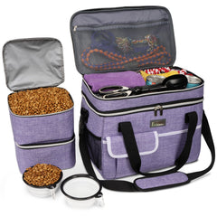 BAGLHER dog travel bag full view in purple showing organized space for treats and toys