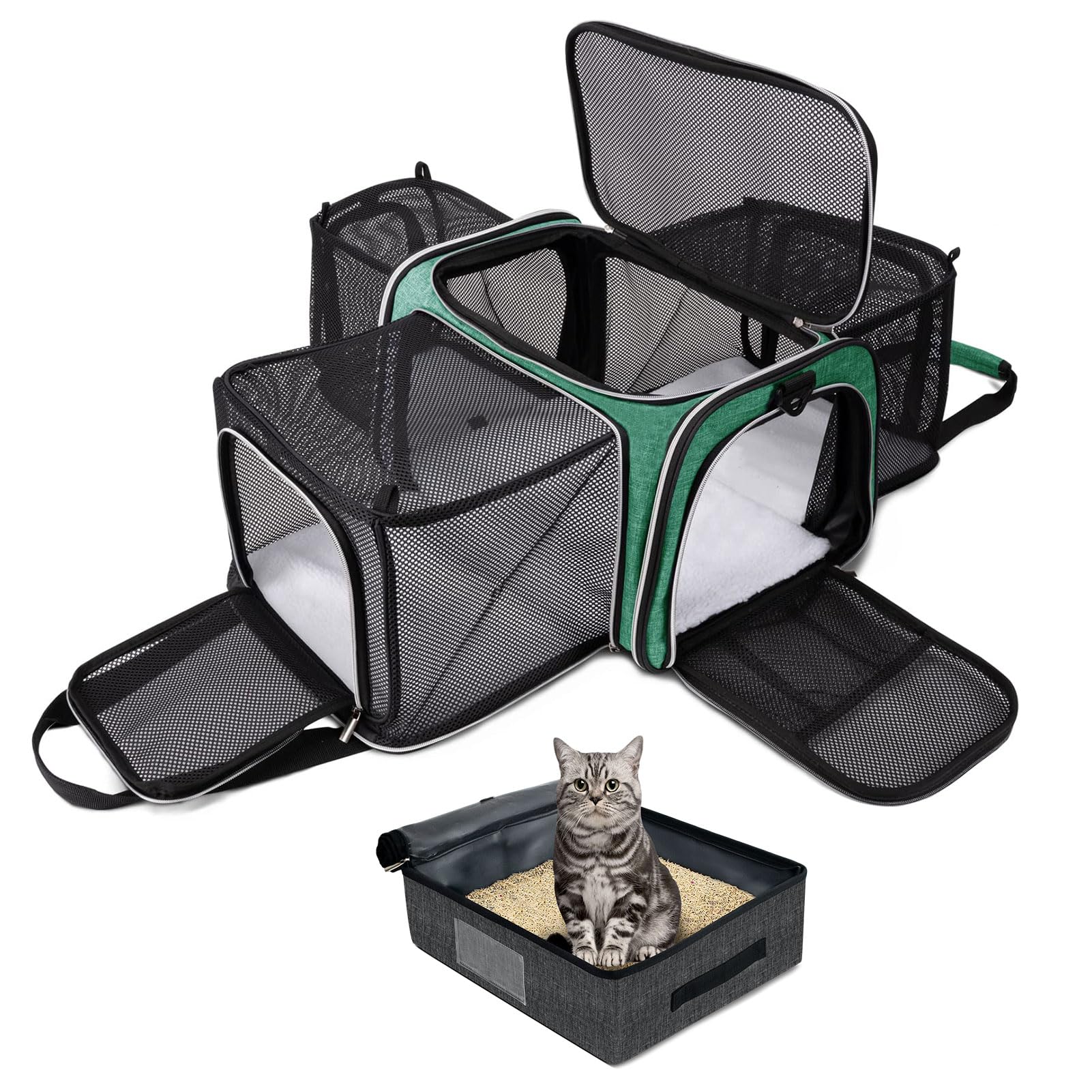 BAGLHER expandable cat carrier with travel litter box folded for compact transport and storage.