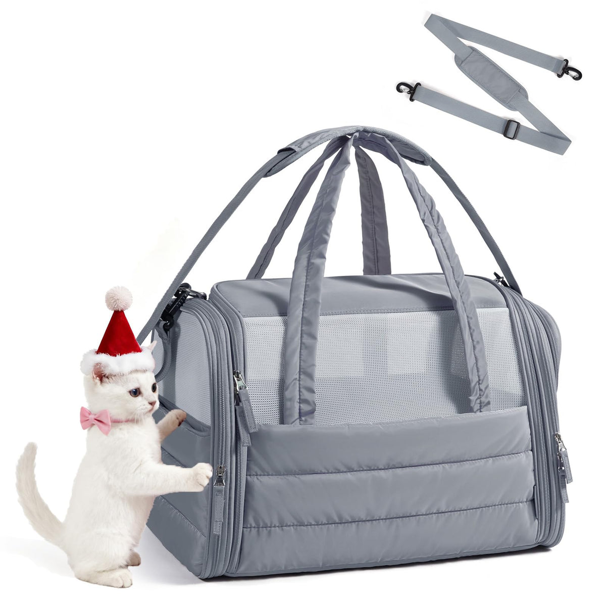 BAGSMART Cat Carrier shows quilted grey exterior for stylish travel comfort.