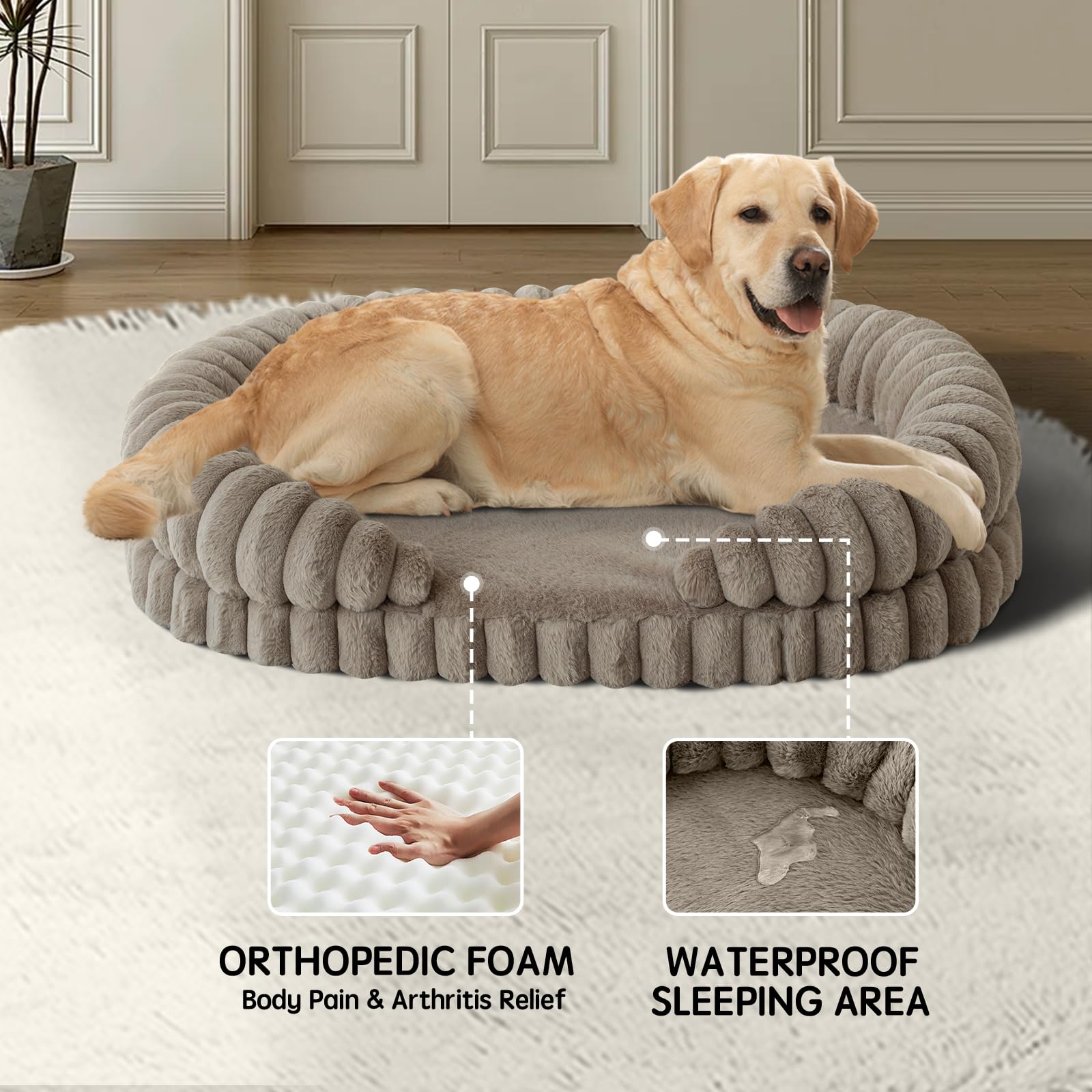 BALANCE Calming Dog Bed oval side bolster highlights neck and head support for curling