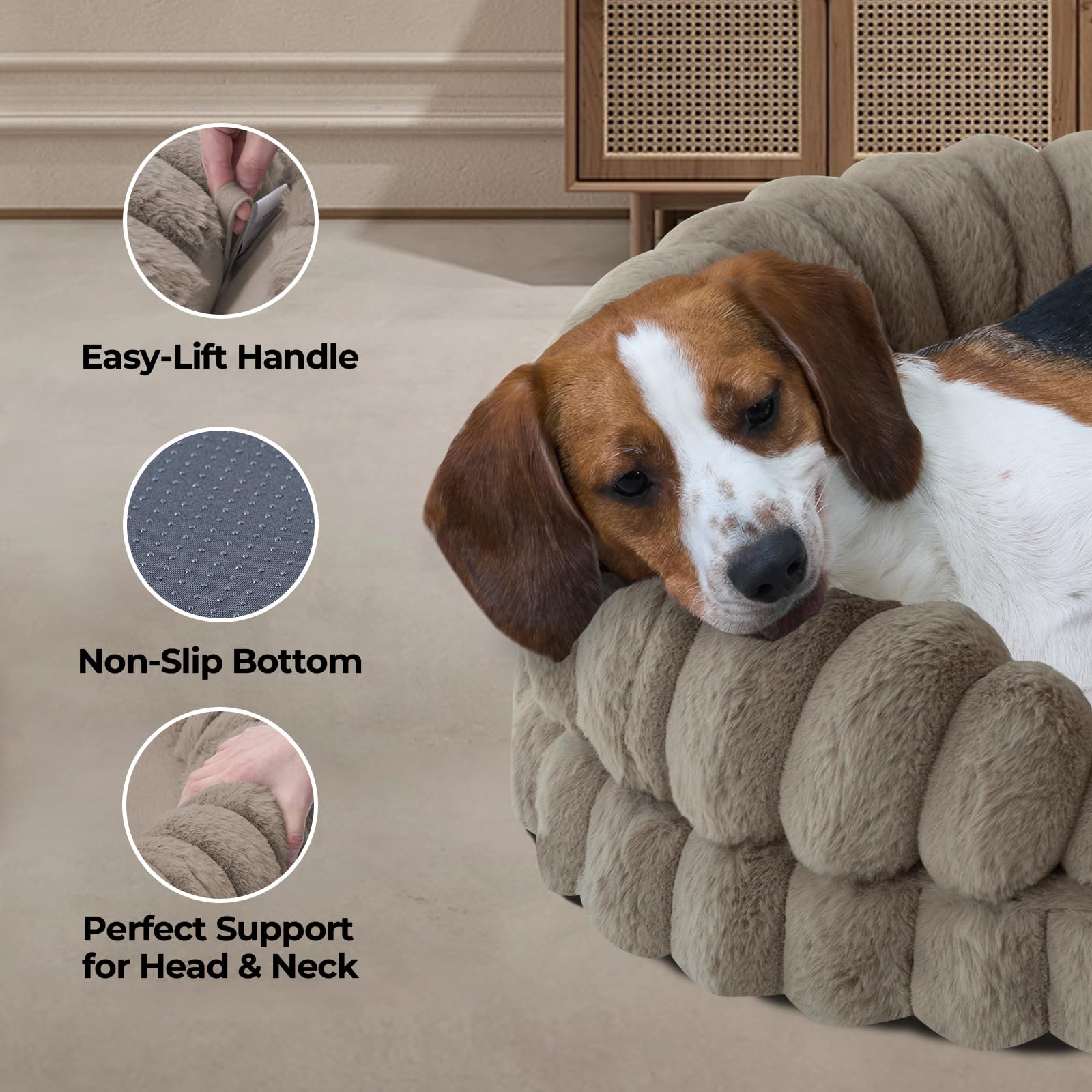 BALANCE Calming Dog Bed oval waterproof layer demonstrates spill protection