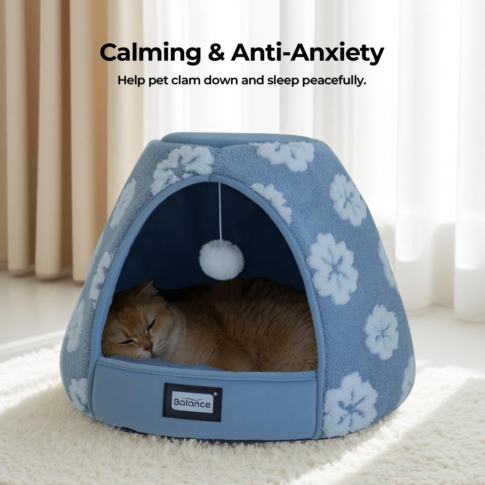 BALANCE Cat Bed blue hanging toy at entrance invites gentle play.