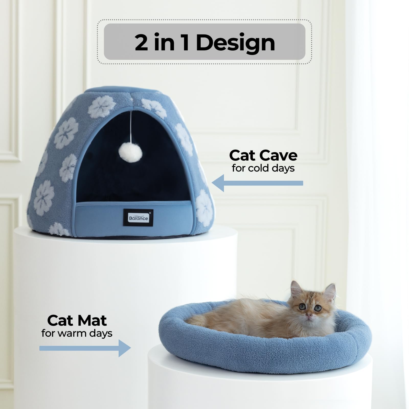 BALANCE Cat Bed blue side view shows sturdy construction and ample space.