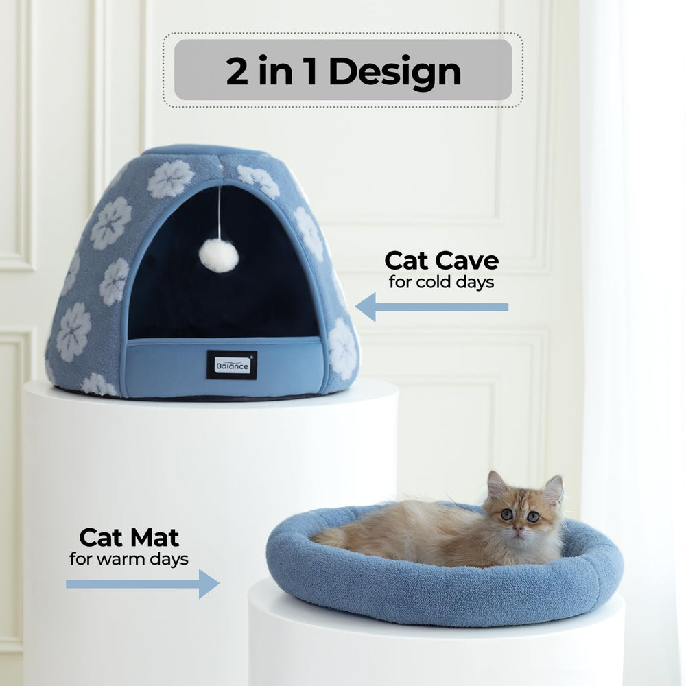 BALANCE Cat Bed blue side view shows sturdy construction and ample space.