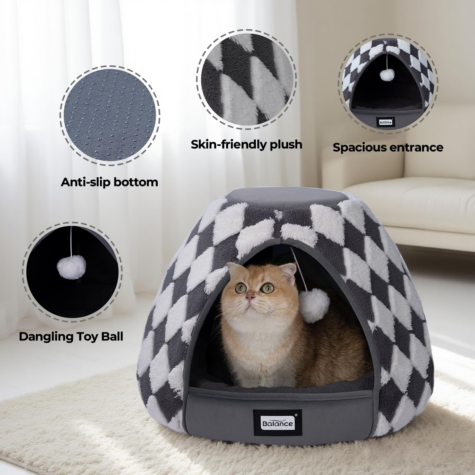 BALANCE cat bed cave anti-slip bottom keeps the bed stable on floors.