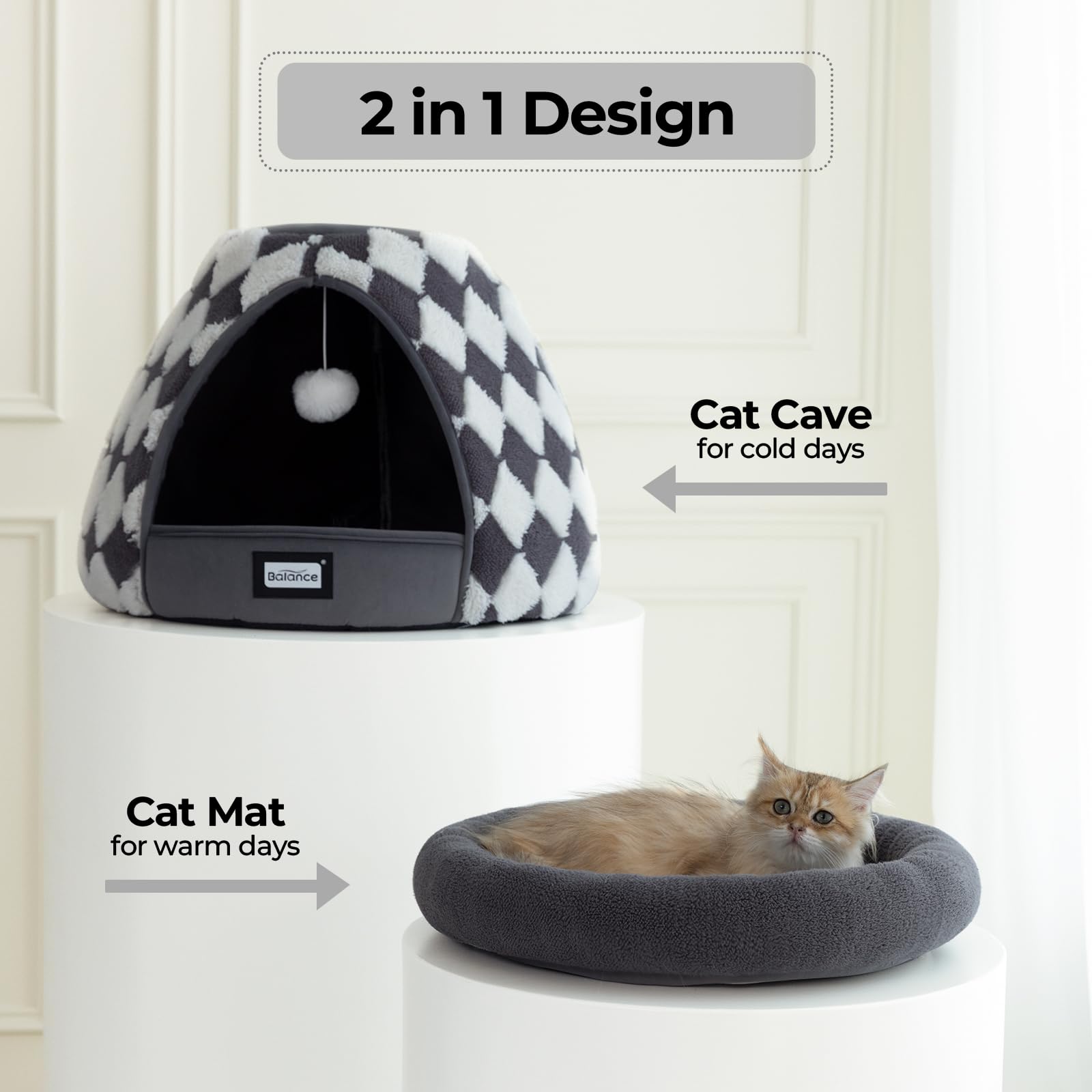 BALANCE cat bed cave inner mat is machine washable for easy cleaning.