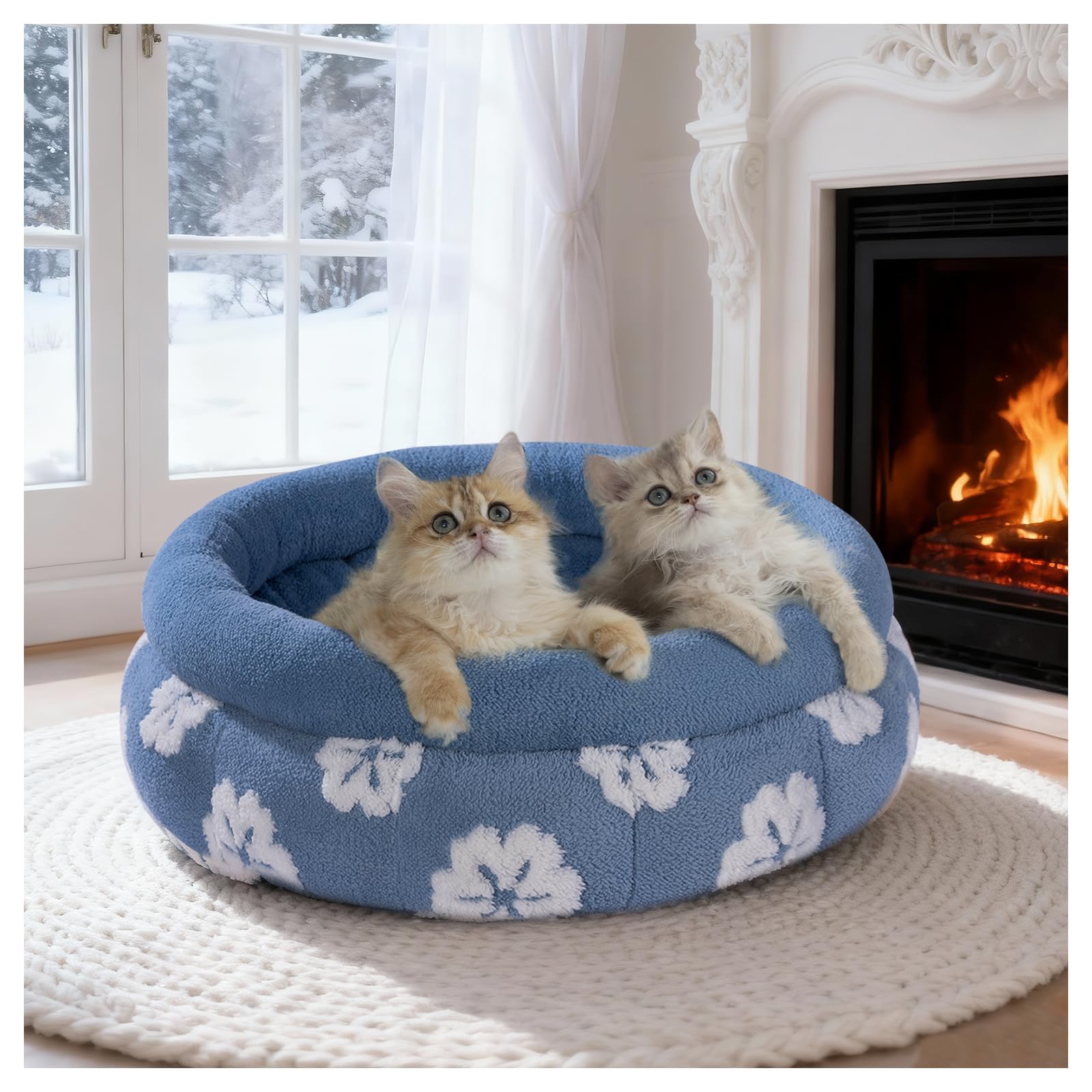 BALANCE cat bed blue front view highlights cozy donut design for restful sleep