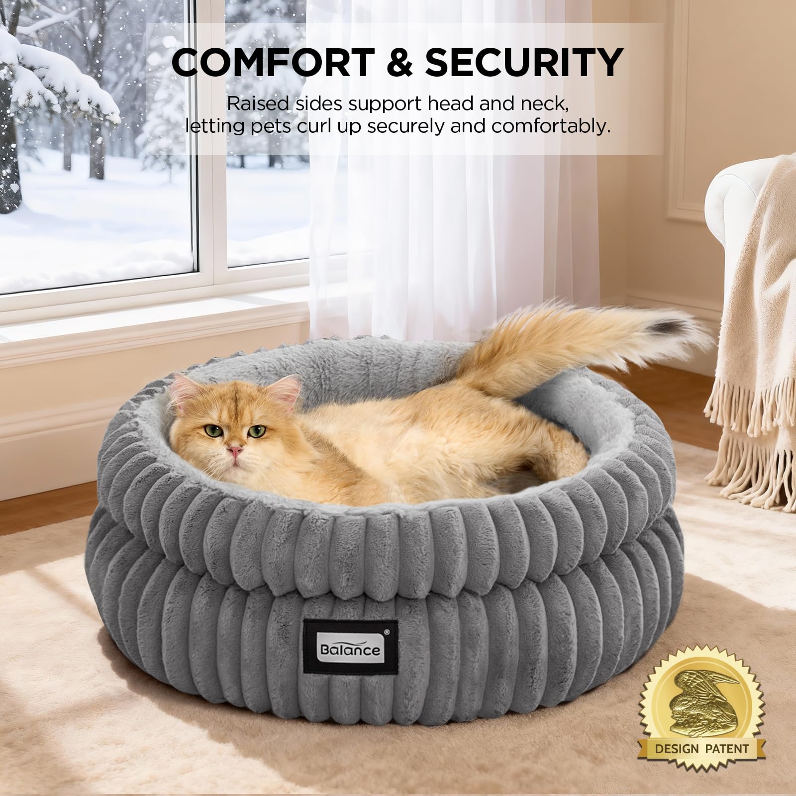 BALANCE cat bed edge-support; higher rim cushions neck and head for curling pets