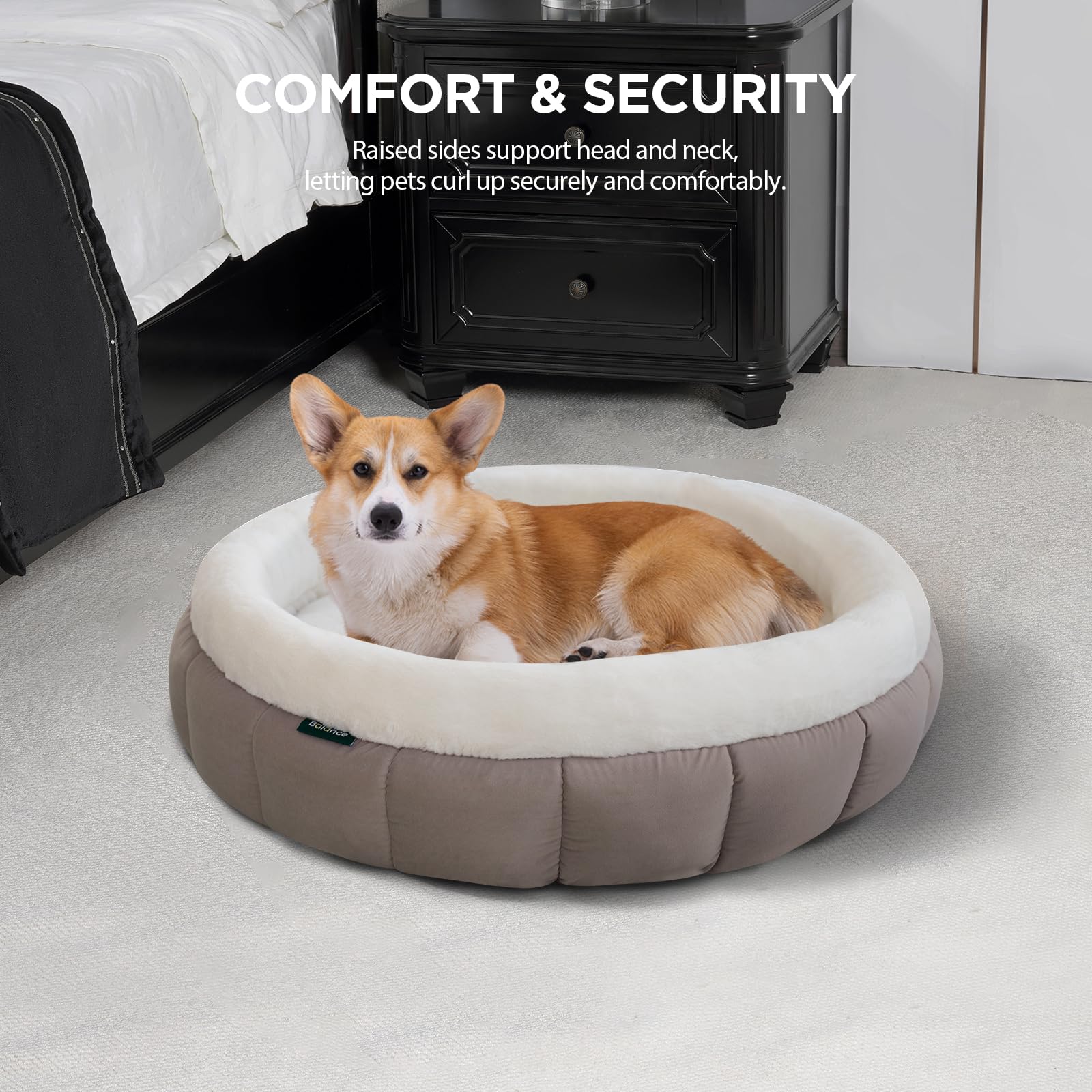BALANCE donut bed goat soft plush fabric close-up highlights warmth.