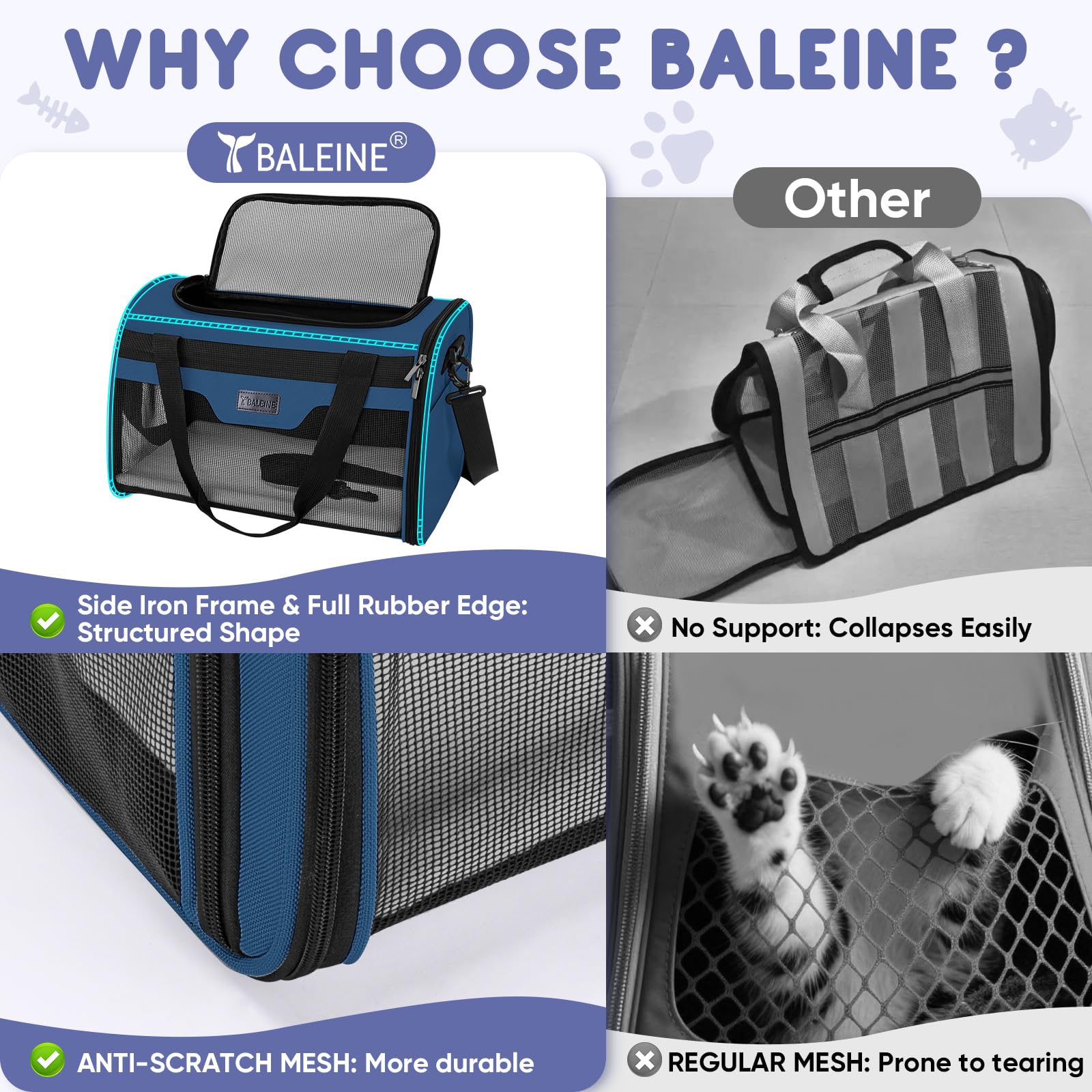 BALEINE Cat Carrier features an adjustable shoulder strap for easy, hands-free travel.