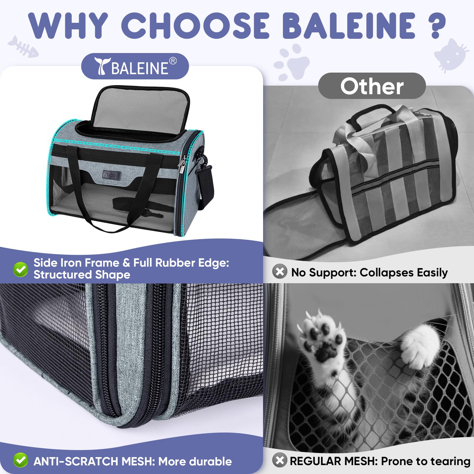 BALEINE Cat Carrier 3mm fiberboard base adds stability