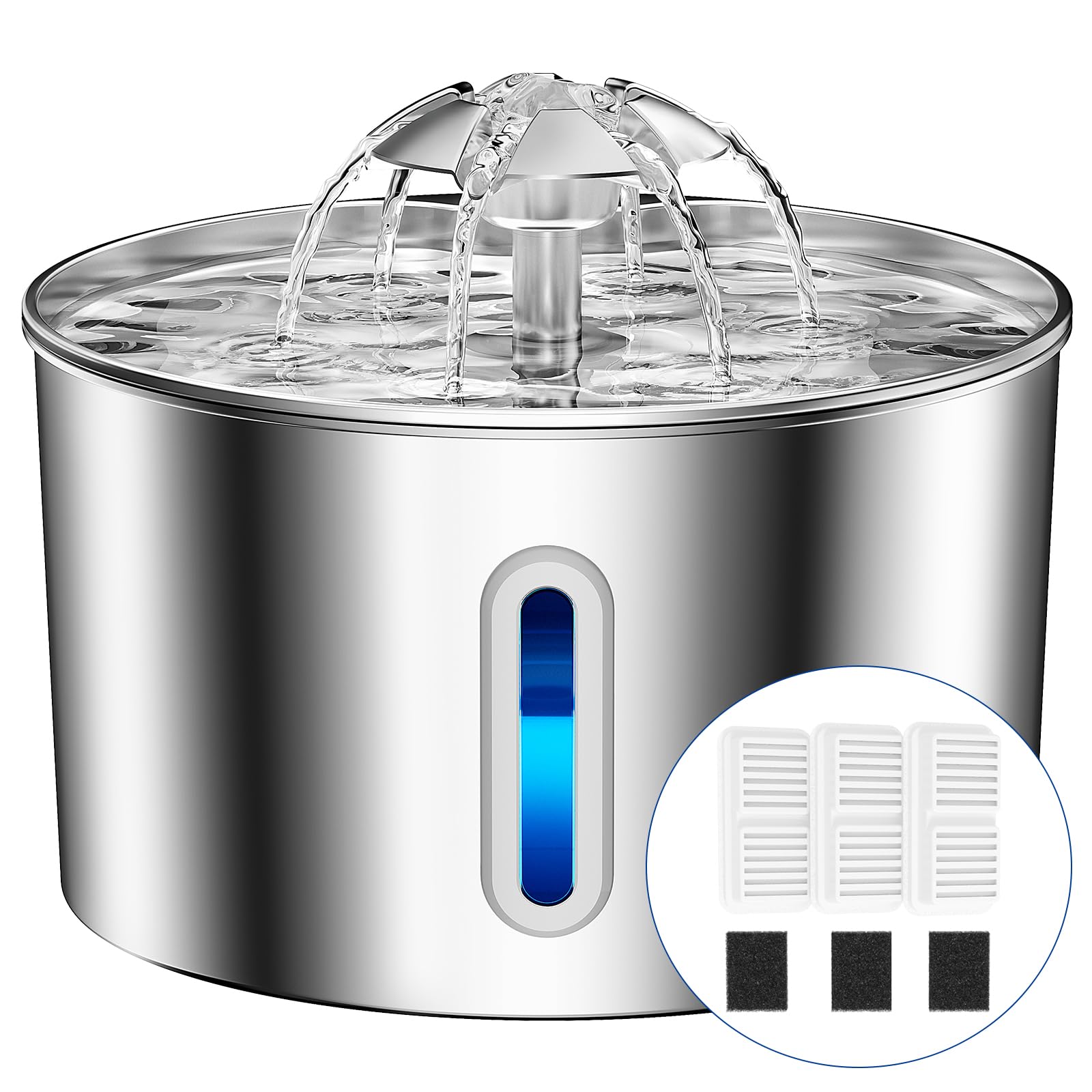 BalimoPet cat water fountain stainless steel 74oz shows easy pour and ample hydration for cats.