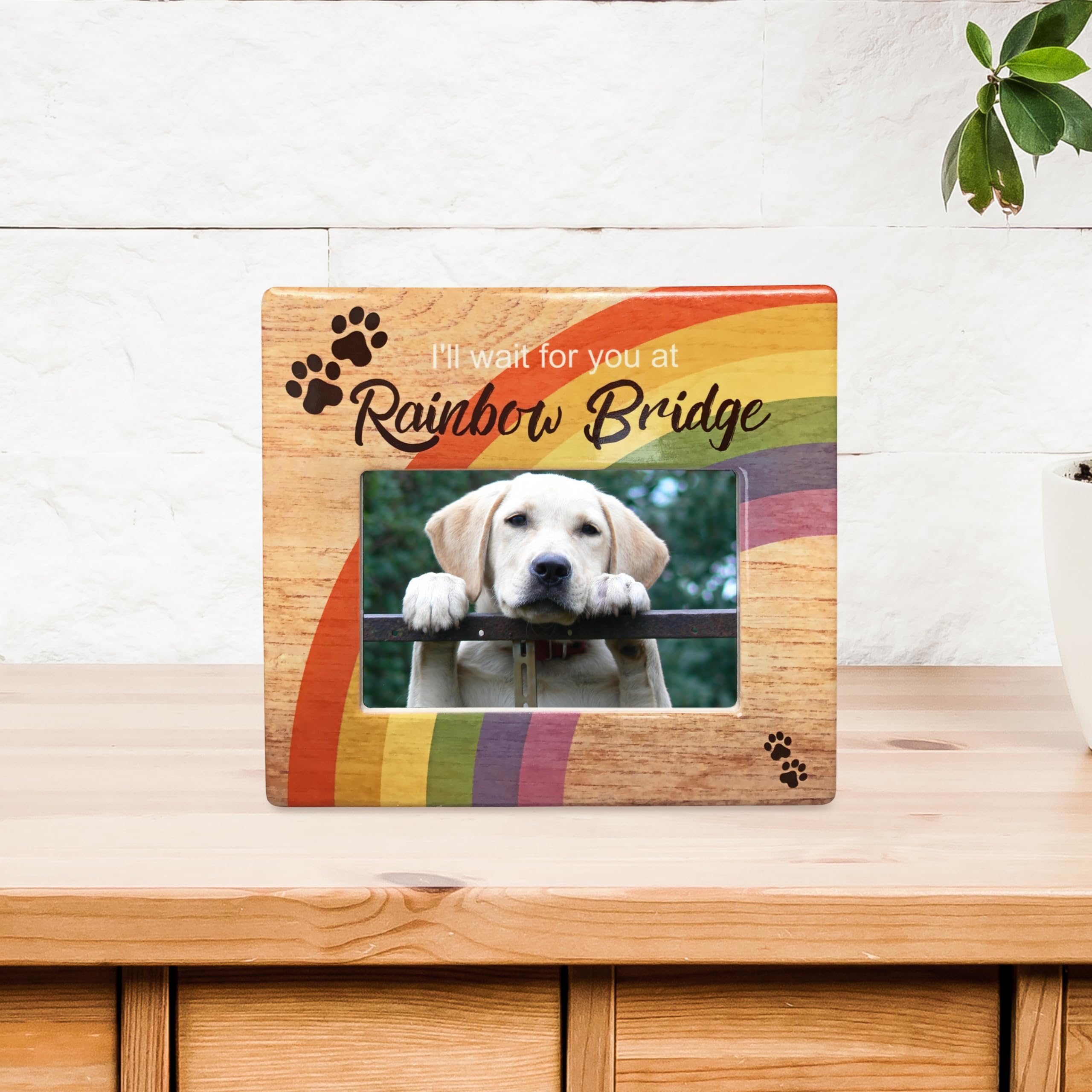 Banberry Designs Rainbow Bridge frame offers customization to insert your pet photo.