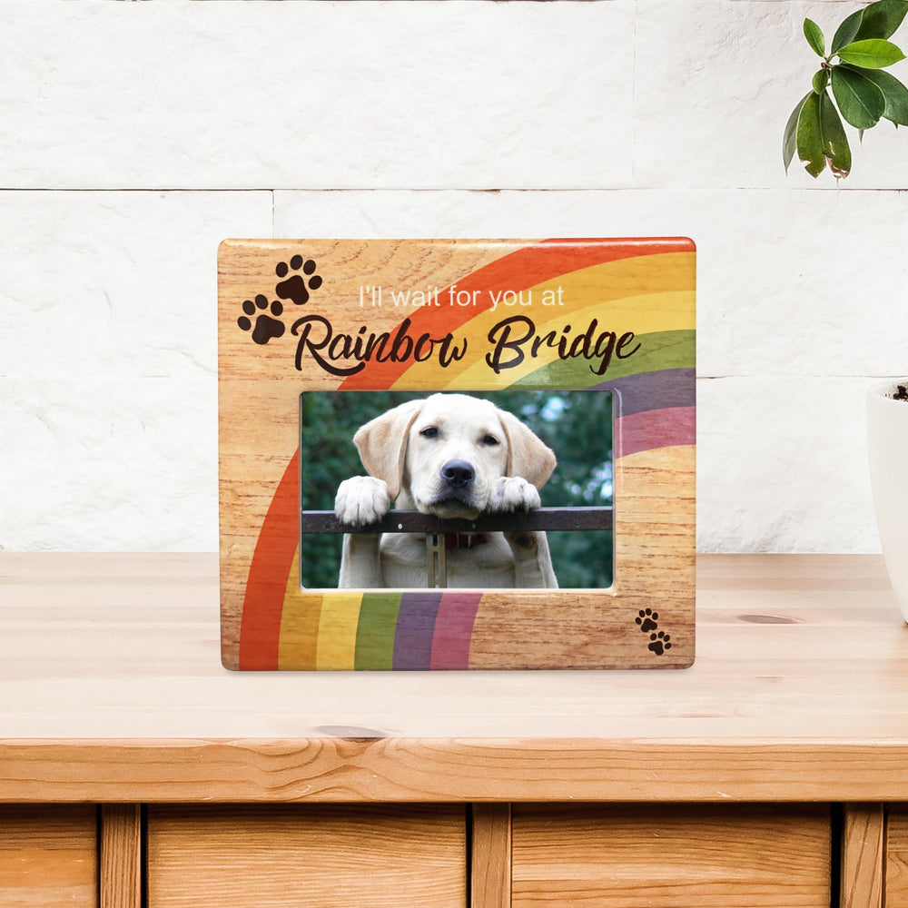 Banberry Designs Rainbow Bridge frame offers customization to insert your pet photo.