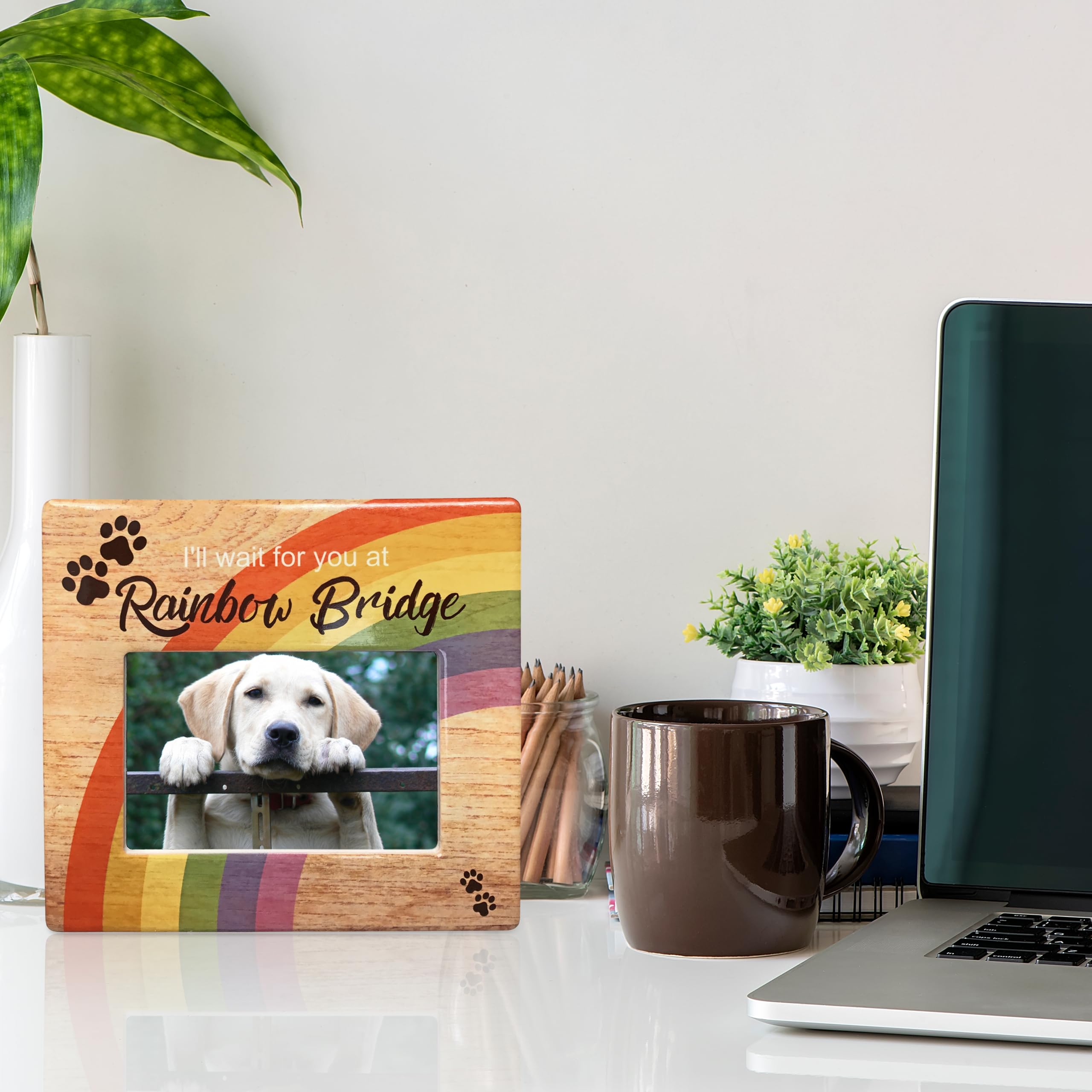 Banberry Designs Rainbow Bridge frame with easel back for shelf display.