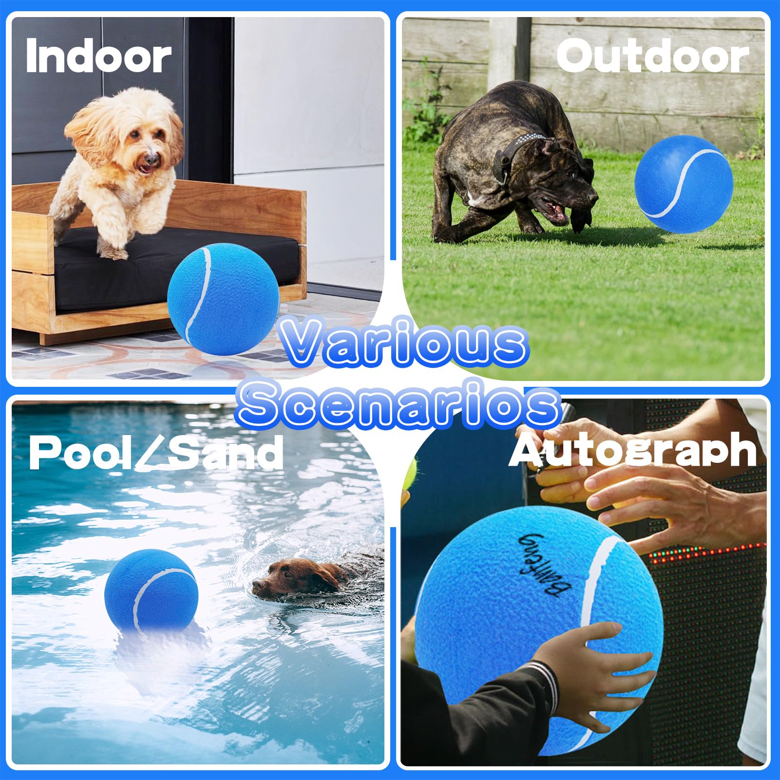 Banfeng Big Tennis Ball for Dogs blue inflated-ready view — ships uninflated for simple home inflation.
