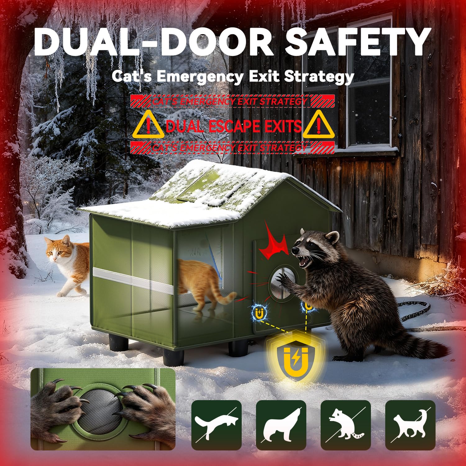 banxye heated cat shelter wind straps stabilize against gusts.