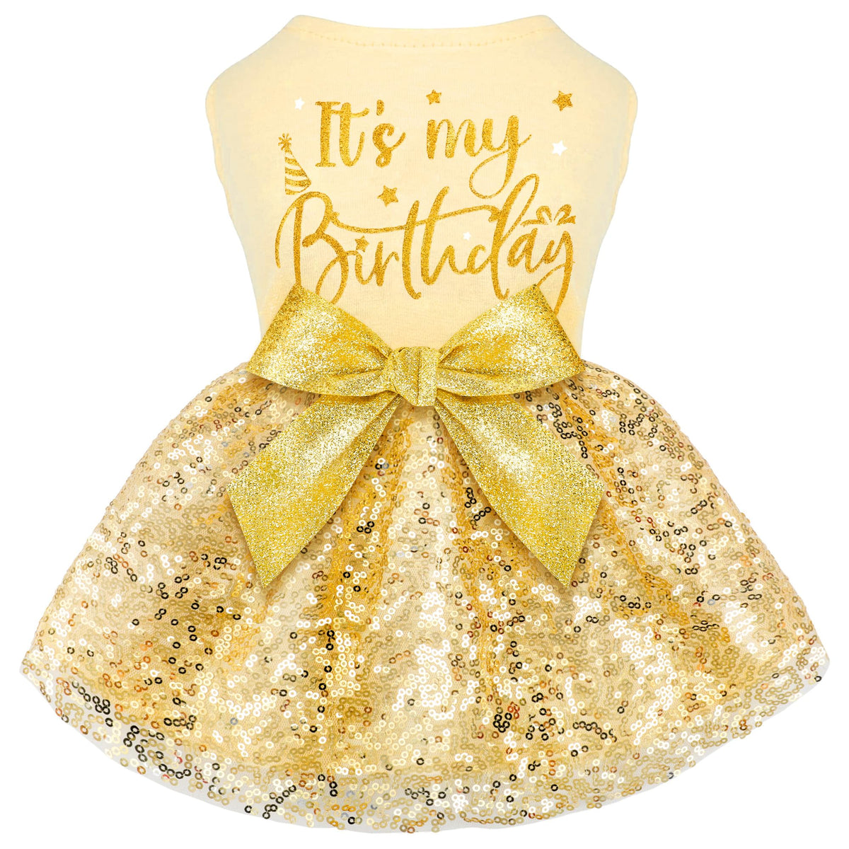 Baobicute birthday dress front view shows sparkly party-ready design for dogs.