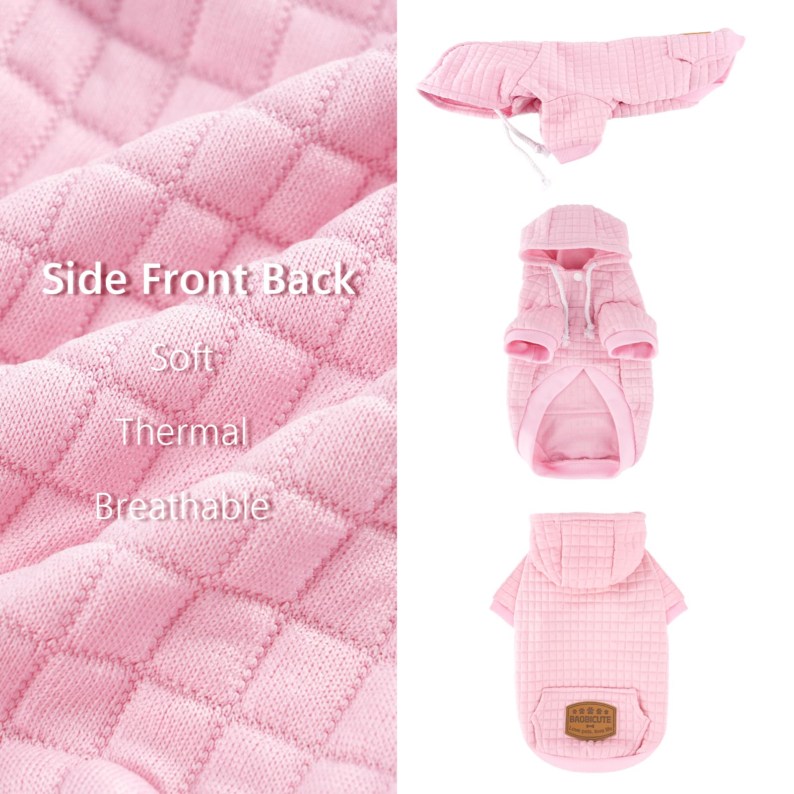 Baobicute dog hoodie hood detail with drawstring enables adjustable warmth.