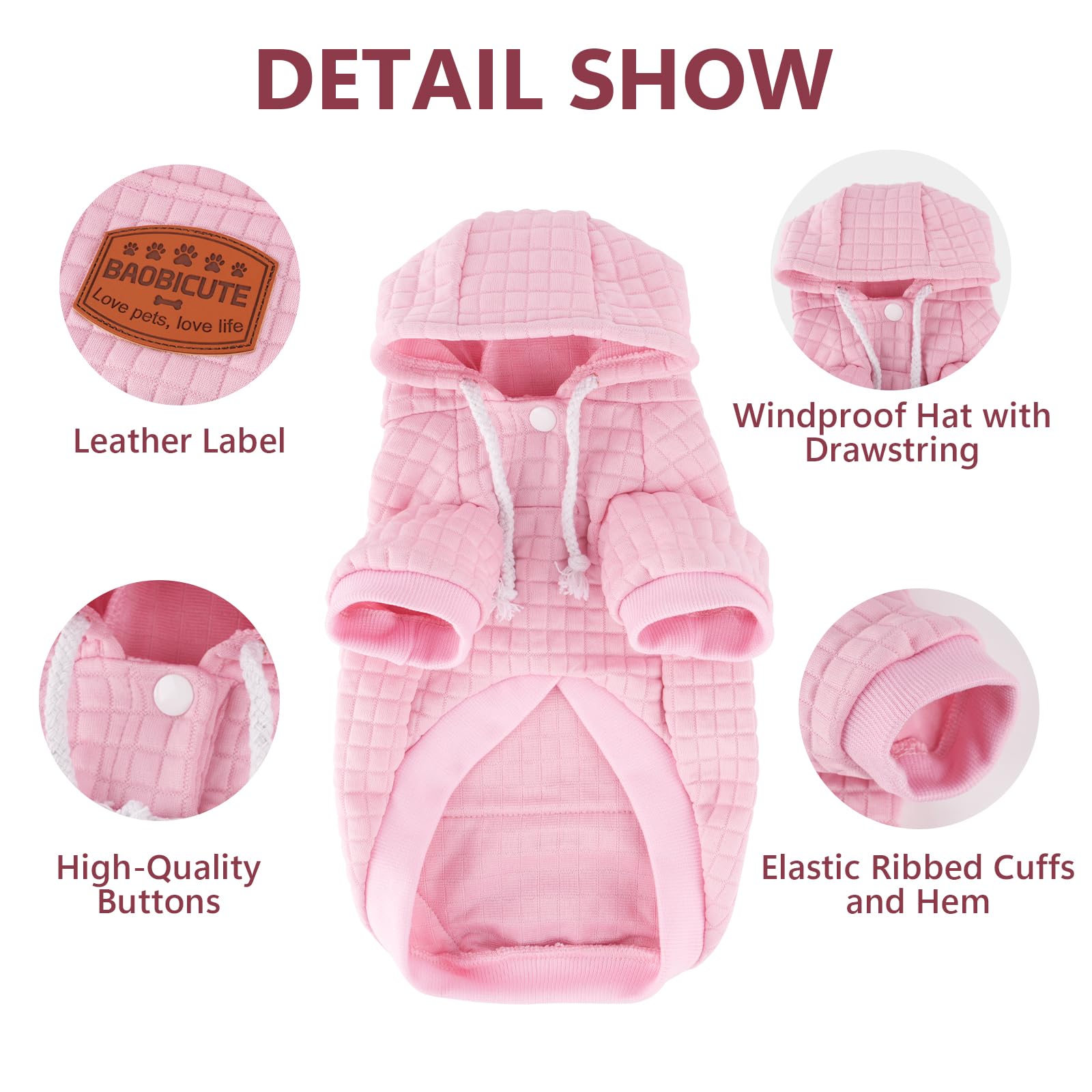 Baobicute dog hoodie waffle fabric close-up shows breathable, quick-dry texture.