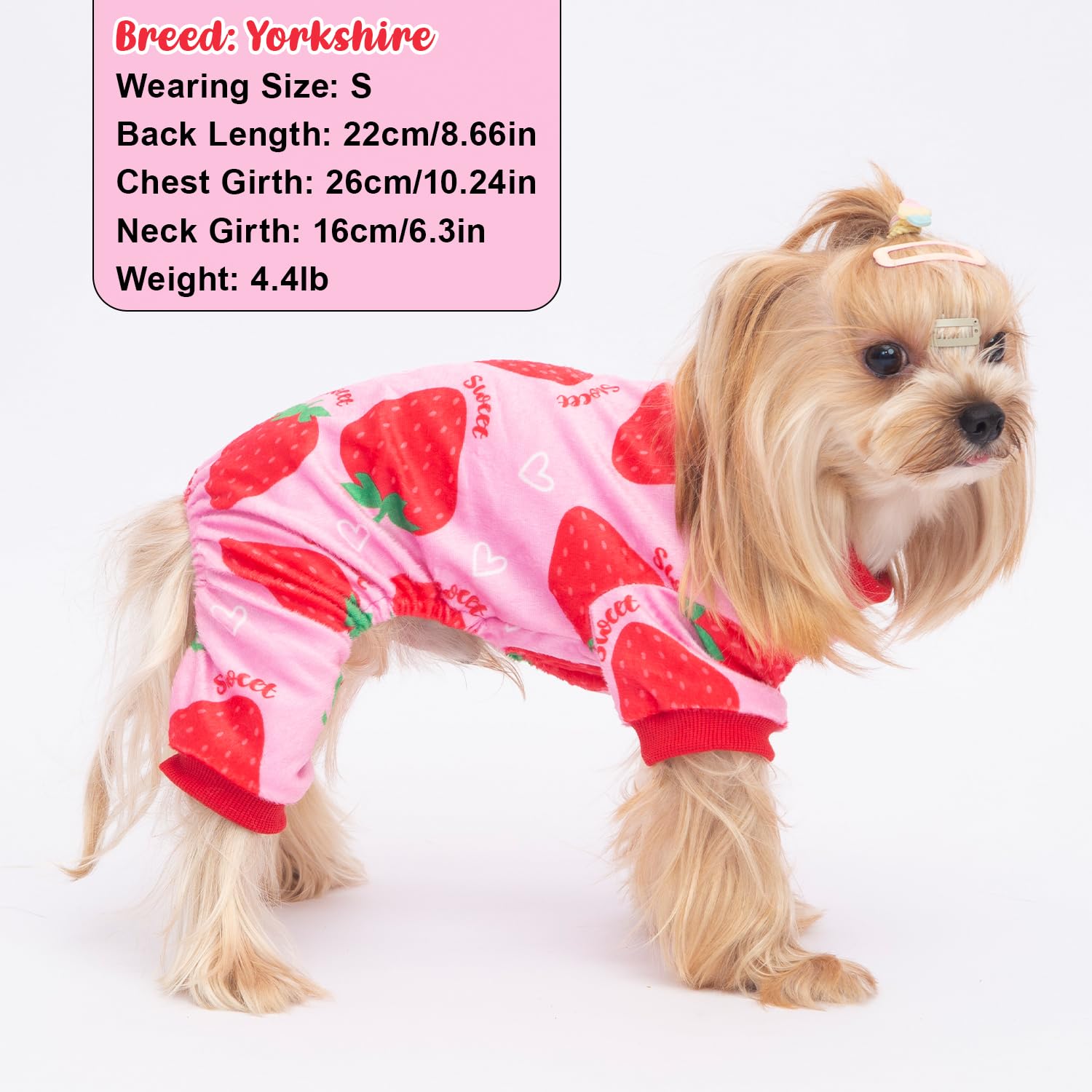 BAOBICUTE dog pajamas strawberry closeup emphasizes skin-friendly polyester and durability.