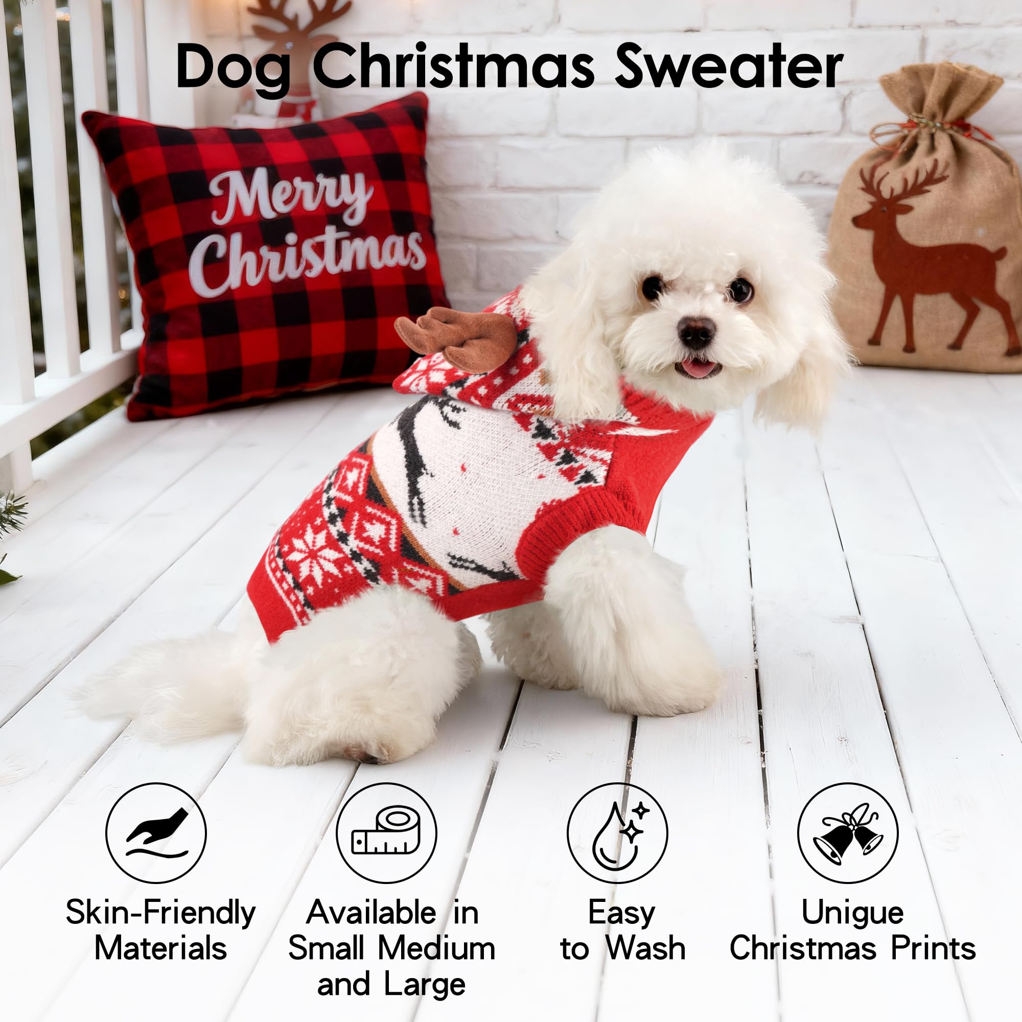 BAOBICUTE dog sweater with reindeer antler hood for holiday dress-up.