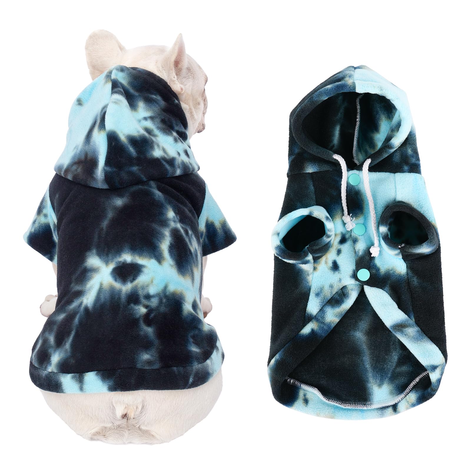 Baobicute detalle de pespunte en sudadera para perro Tie Dye azul.