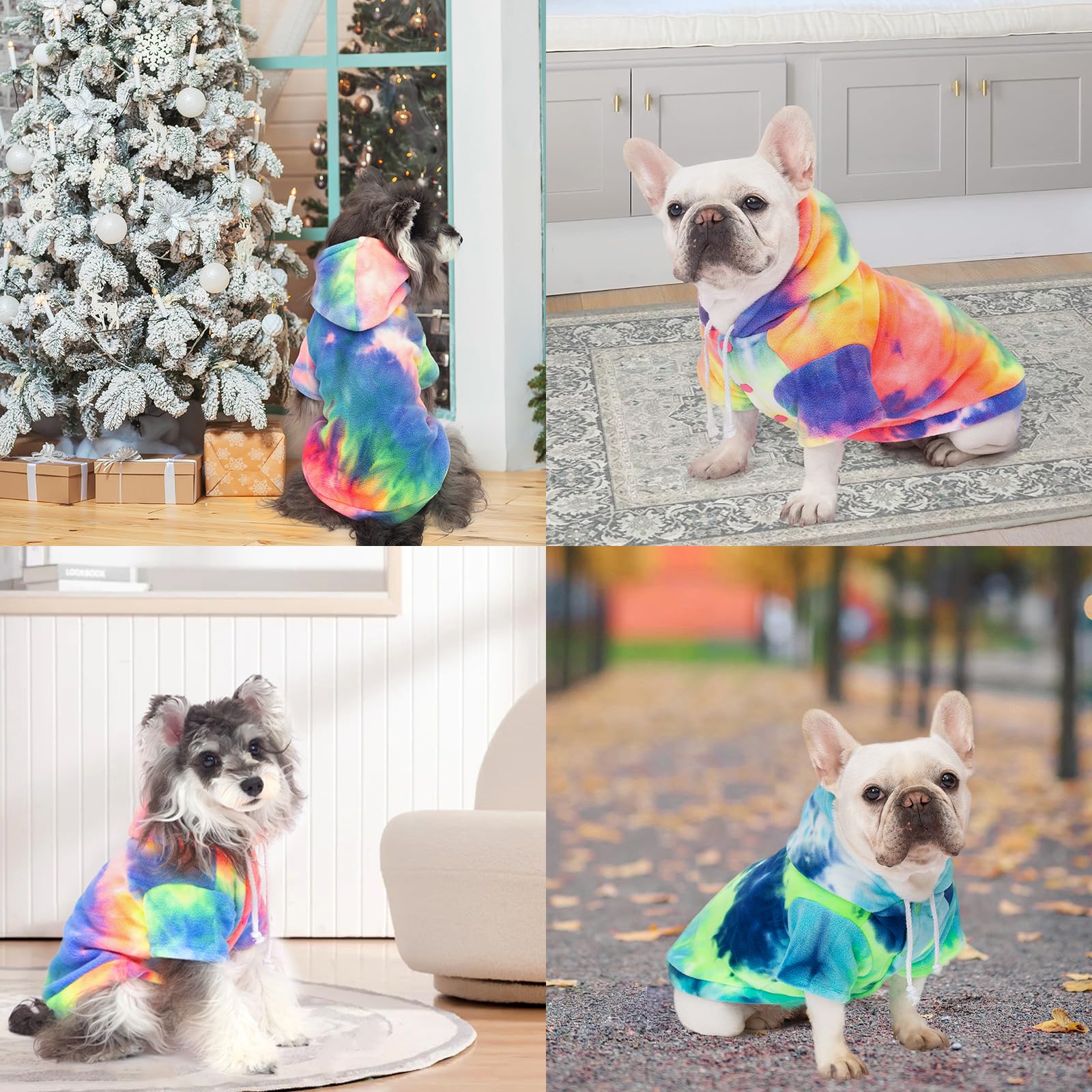 Baobicute sudadera para perro Tie Dye azul en escena de calle.