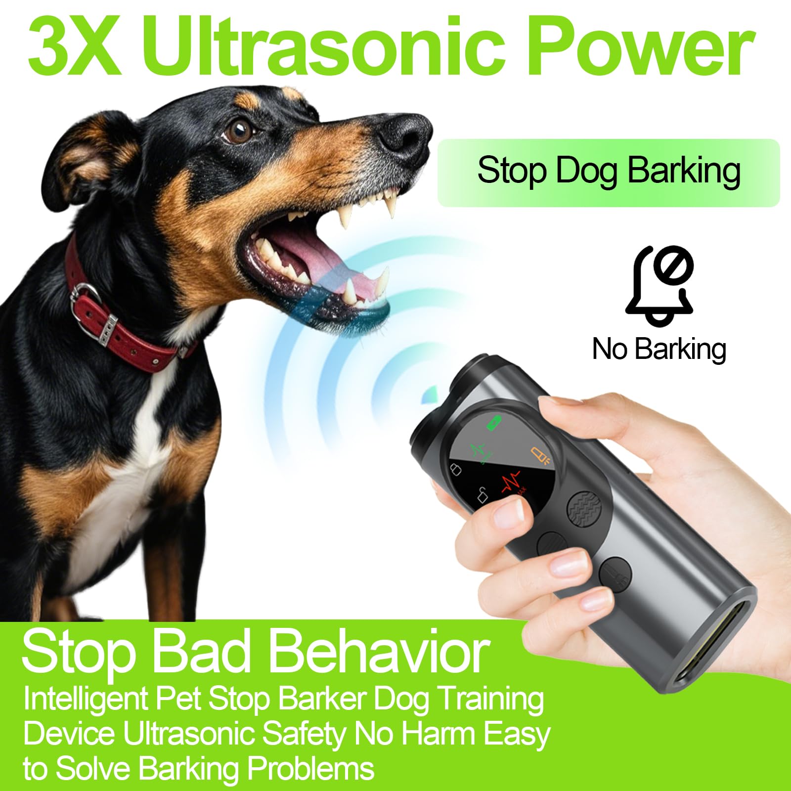 Baopilong dog sonic bark deterrent in hand during calm outdoor walk