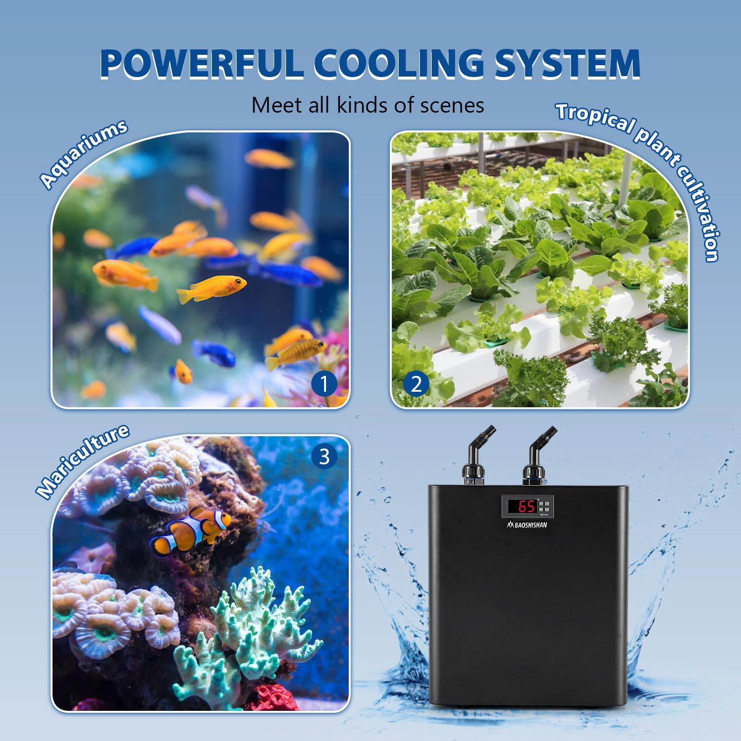 BAOSHISHAN saltwater reef tank with chiller maintaining coral-friendly temperatures.