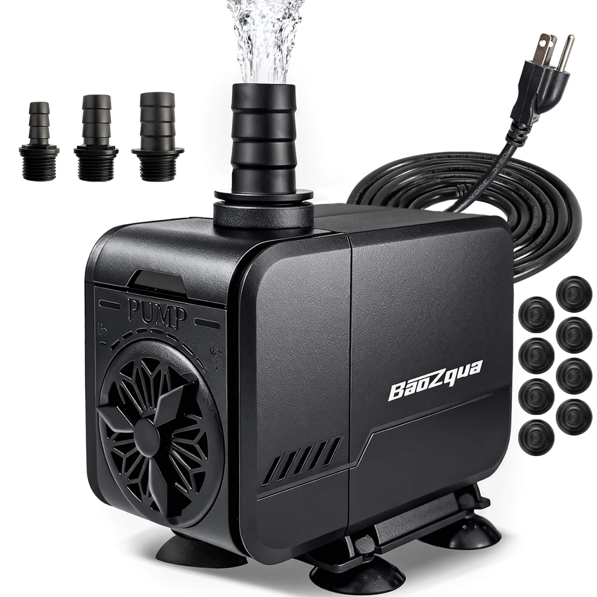 BaoZqua 580GPH pump front view shows compact size for 40-110 gallon tanks.