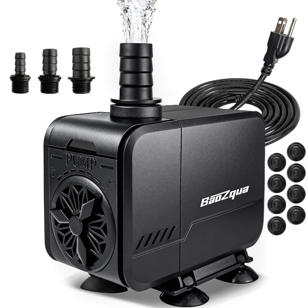 BaoZqua 580GPH pump front view shows compact size for 40-110 gallon tanks.