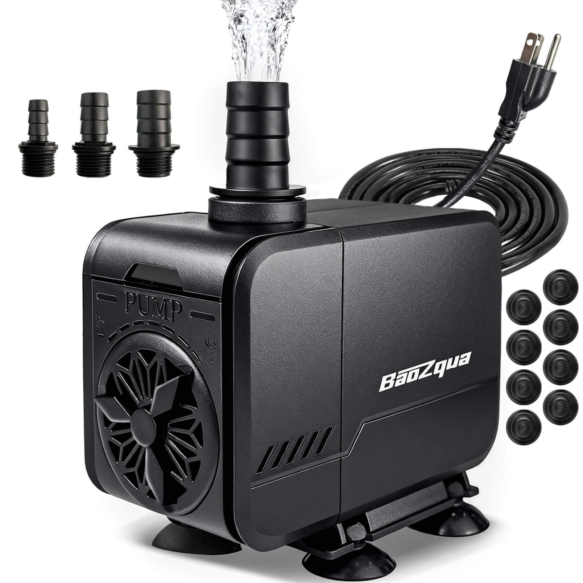 BaoZqua 580GPH pump front view shows compact size for 40-110 gallon tanks.