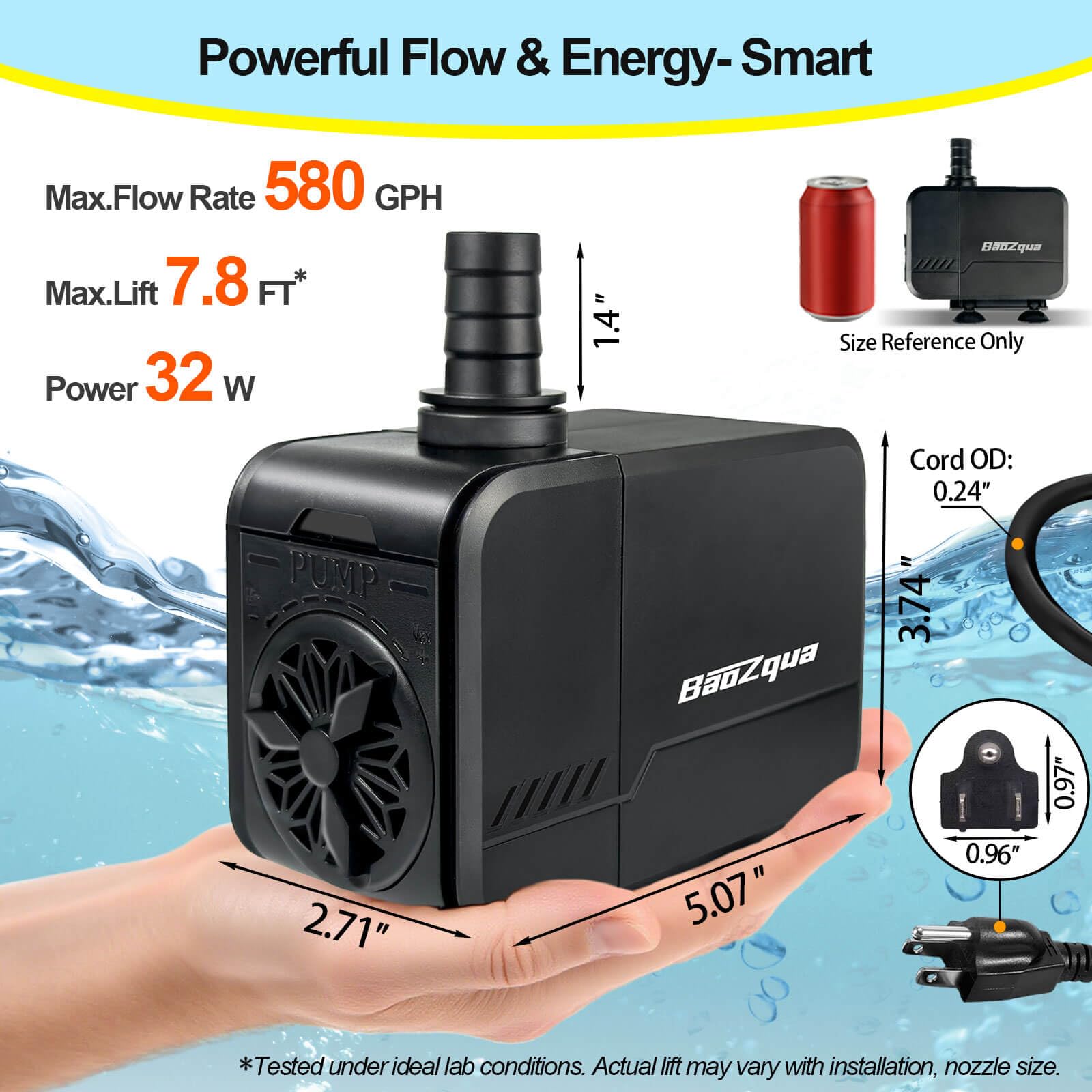 BaoZqua 580GPH pump side view highlights the adjustable flow dial for customization.