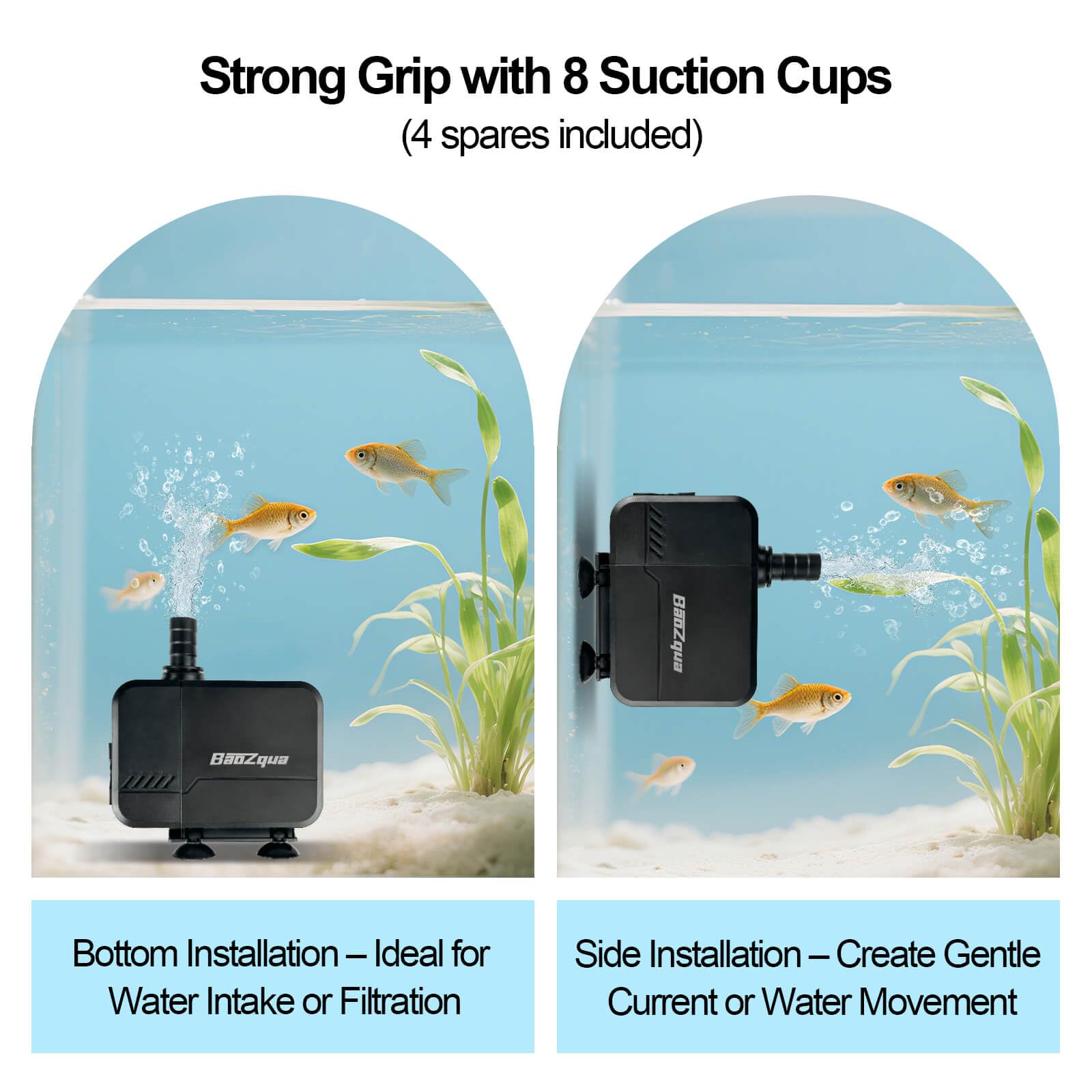 BaoZqua 580GPH pump mounted with suction cups for stable setup.