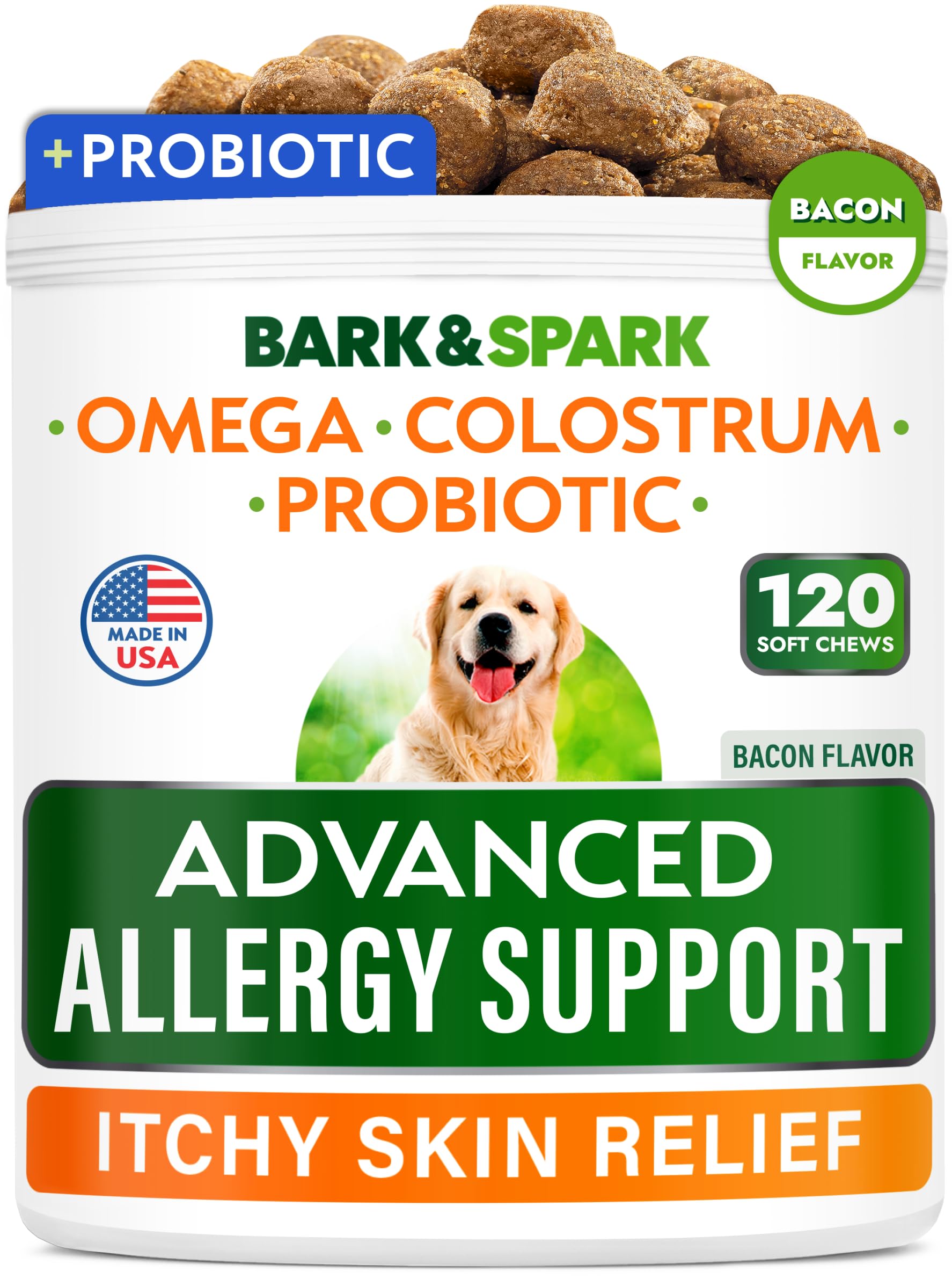 BARK&SPARK Advanced dog allergy chews bottle shows a 120-count jar for convenient daily use.