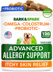 BARK&SPARK Advanced dog allergy chews bottle shows a 120-count jar for convenient daily use.