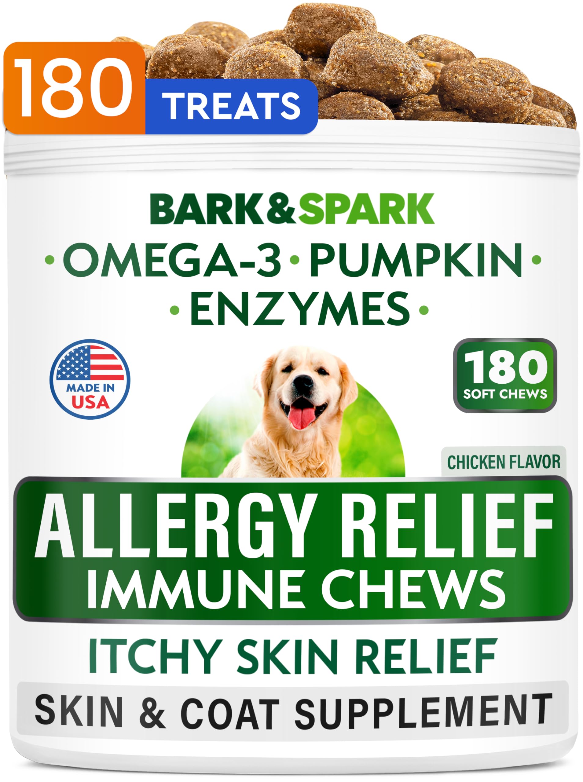 BARK&SPARK allergy chews bottle label highlights omega-3 for skin and coat support