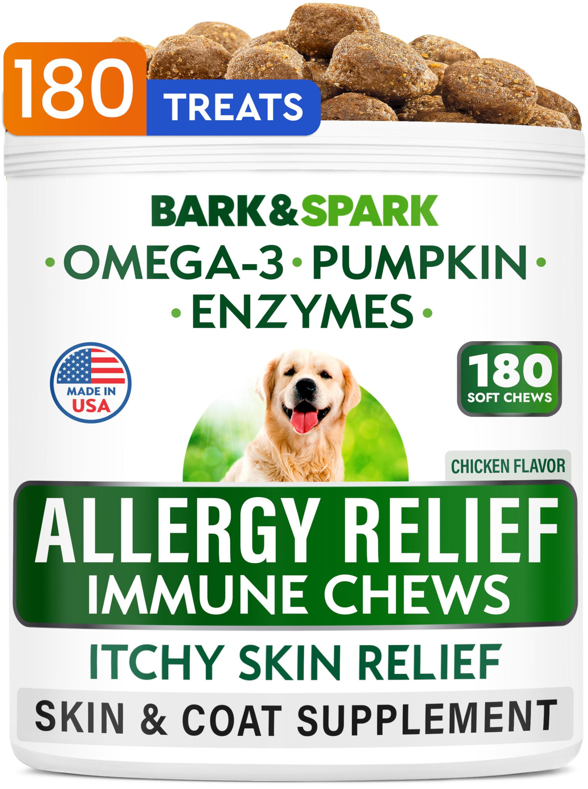BARK&SPARK allergy chews bottle label highlights omega-3 for skin and coat support