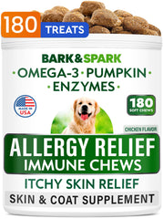 BARK&SPARK allergy chews bottle label highlights omega-3 for skin and coat support